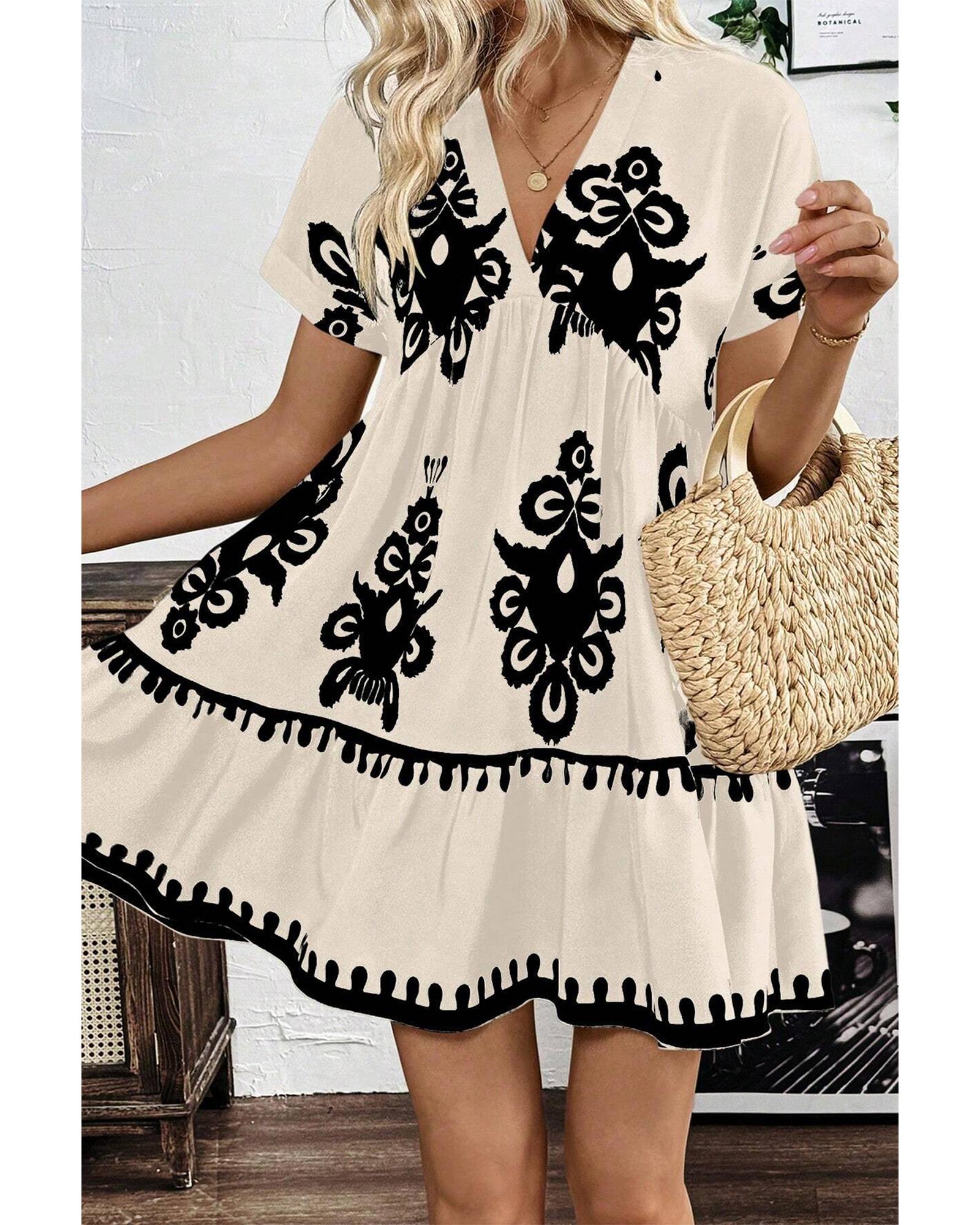 V539-AZEXDC6122628-P220-L-202508311325-00 Black Vintage Print V Neck High Waist Short Sleeve Dress - L - Image 1