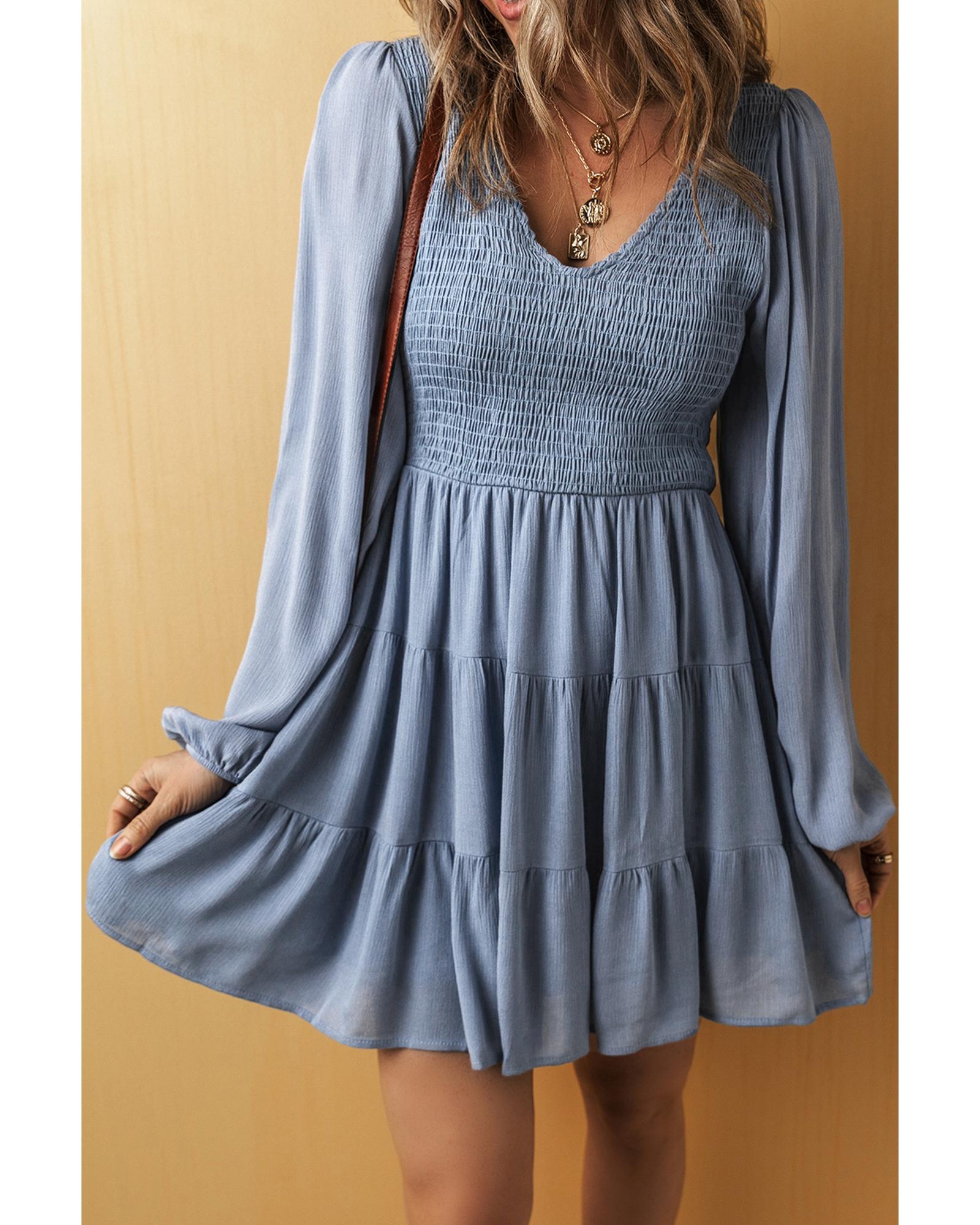 V539-AZEXDC6122663-P604-M-202508310850-00 Ashleigh Blue Long Sleeve V Neck Smocked Tiered Mini Dress - M - Image 1