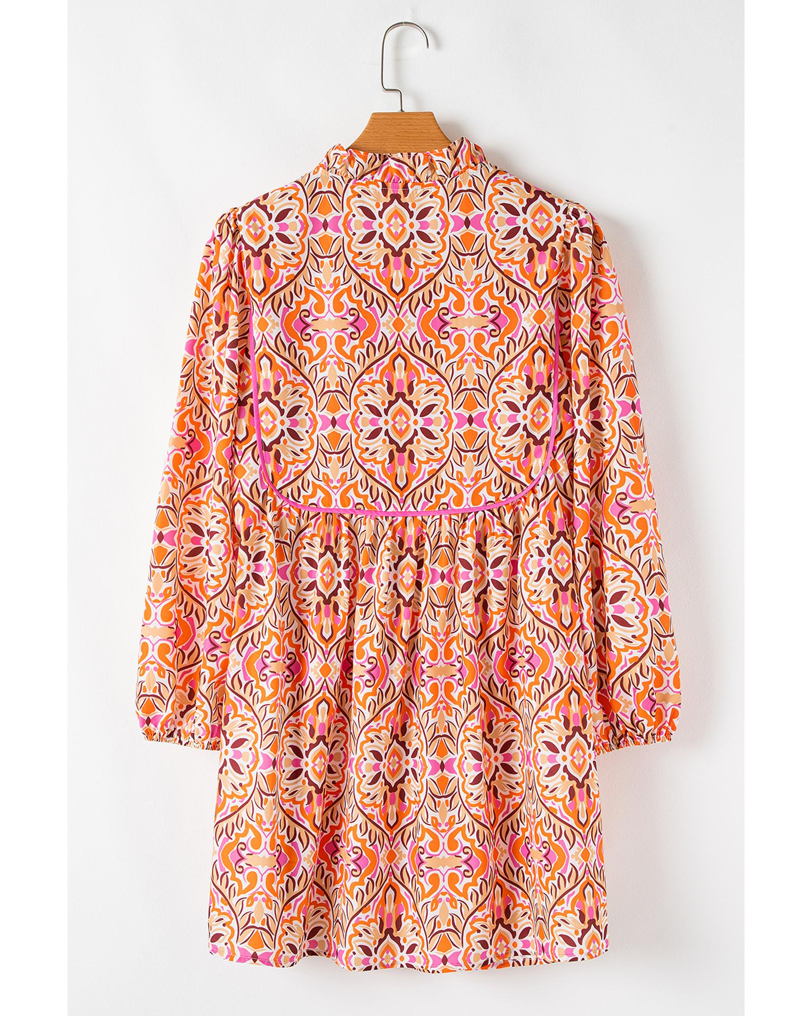 V539-AZEXDC6122668-P1620-S-202506190241-00 Khaki Abstract Printed Long Sleeve Tied Neckline Mini Dress - S - Image 1