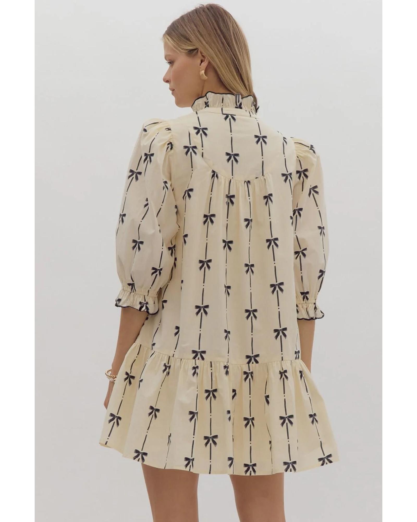 V539-AZEXDC6122693-P1520-S-202506190248-00 Beige Cute Bowknot Printed Bubble Sleeve V Neck Mini Dress - S - Image 1