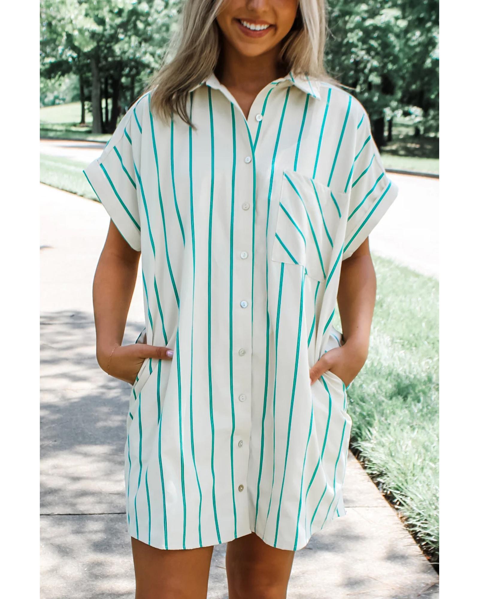V539-AZEXDC6122697-P1009-S-202506190254-00 Mint Green St Patricks Striped Wide Short Sleeve Shift Mini Shirt Dress - S - Image 1