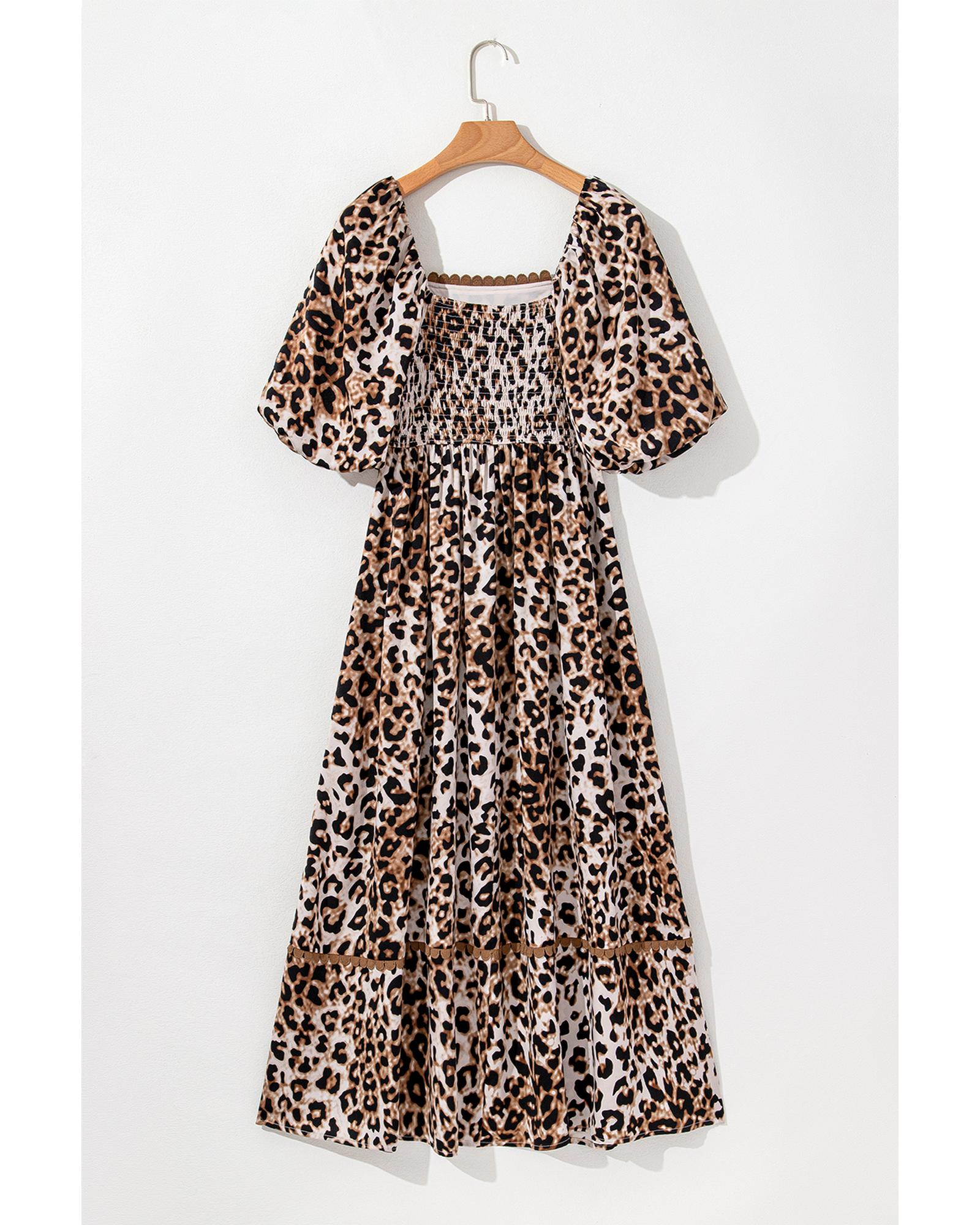 V539-AZEXDC6122827-P1720-L-202508311555-00 Brown Leopard Print Bubble Sleeve Square Neck Maxi Dress - L - Image 1