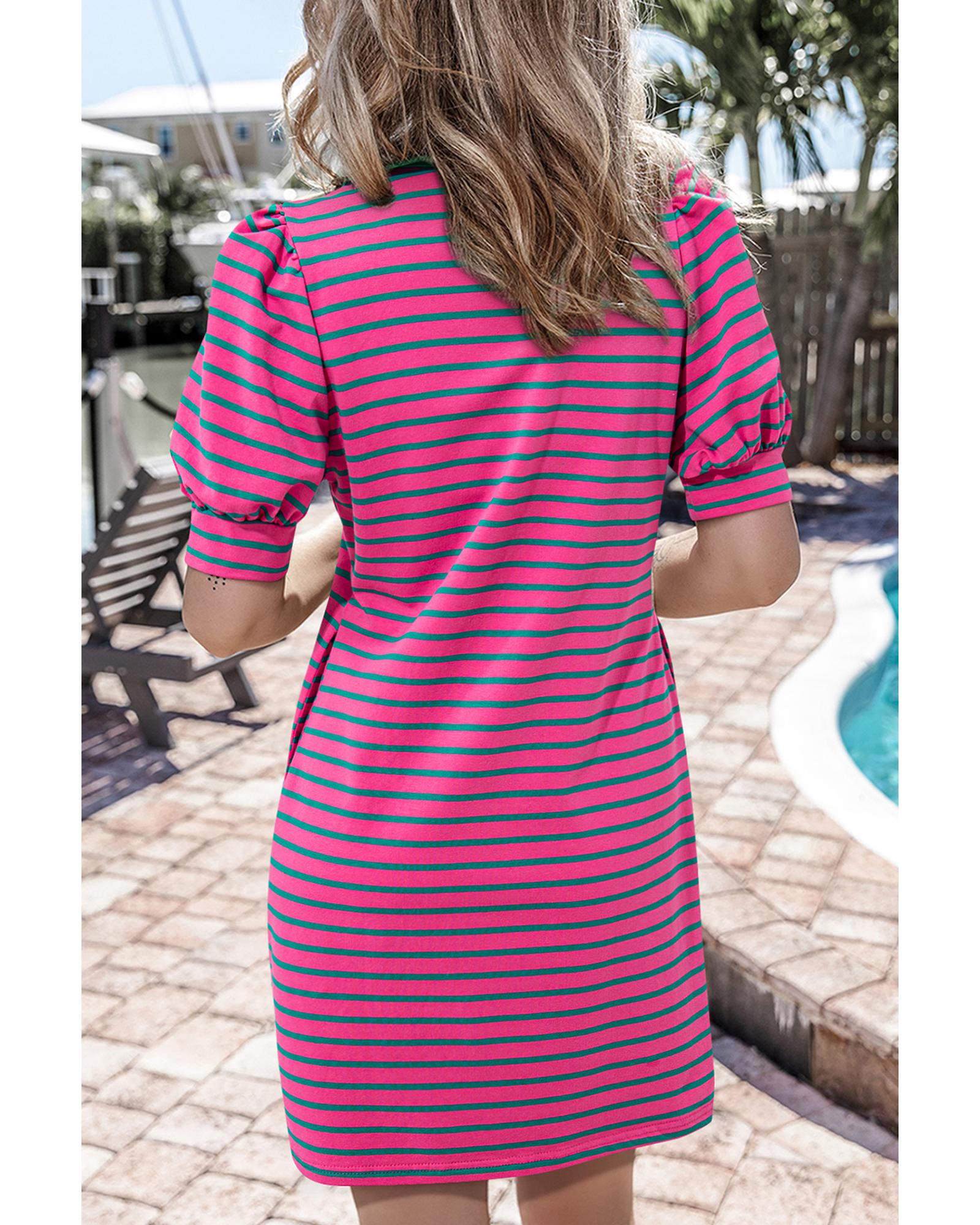 V539-AZEXDC6122856-P1019-L-202508311120-00 Azura Exchange Pink Stripe Collared V Neck Puff Sleeve T Shirt Dress - L - Image 1