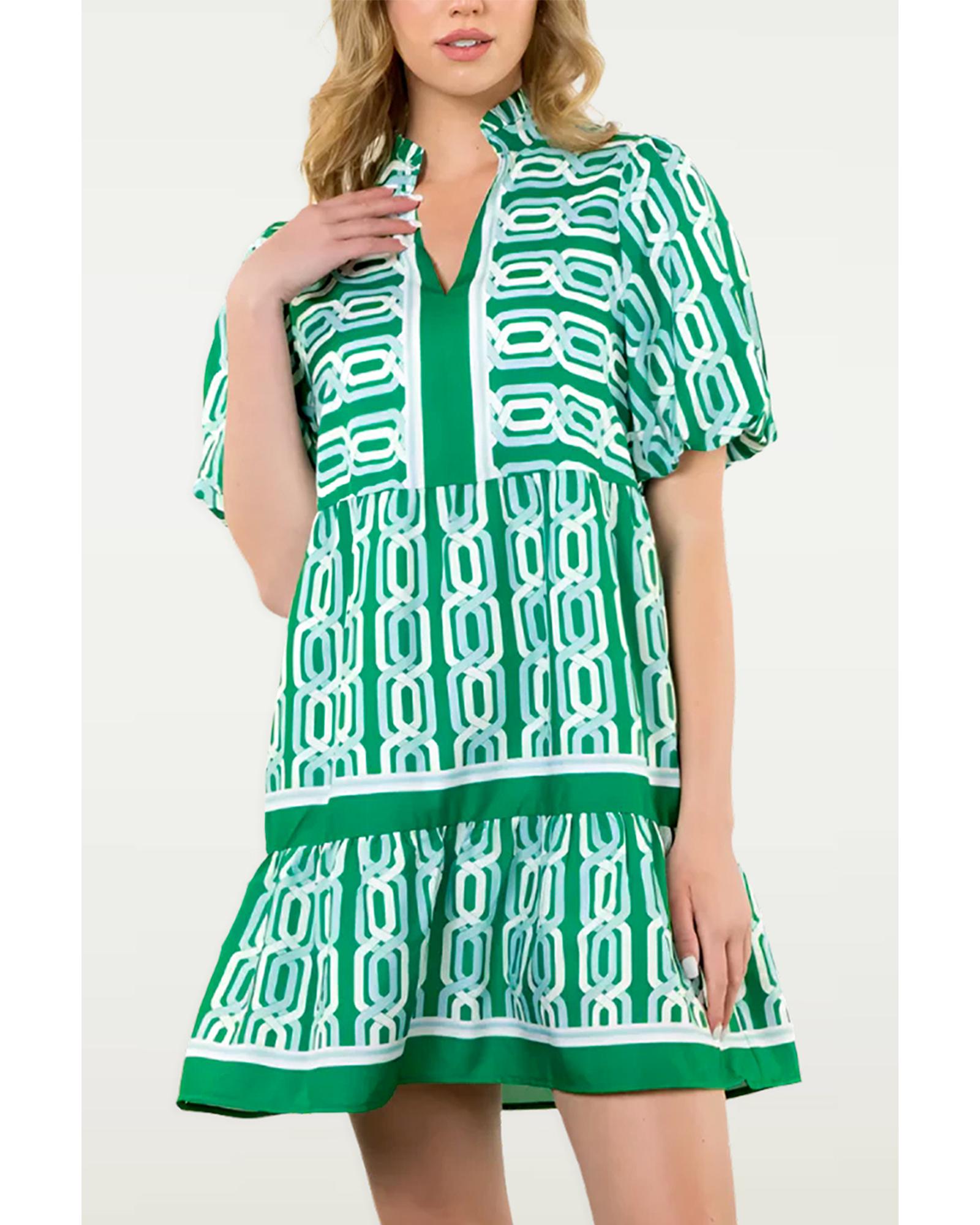 V539-AZEXDC6122867-P109-XL-202508280950-00 Bright Green Abstract Patterned V Neck Puff Short Sleeve Mini Dress - XL - Image 1