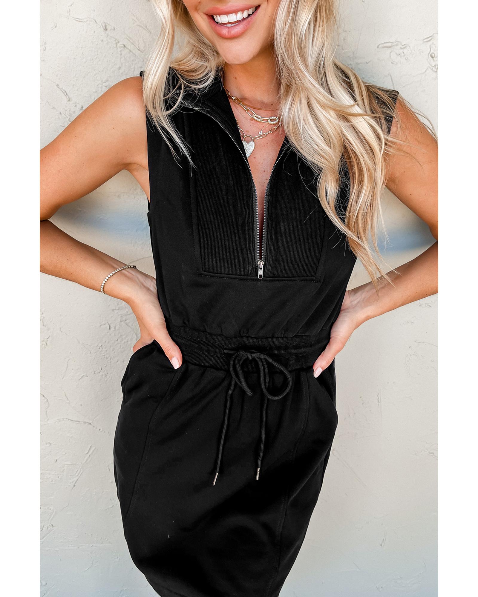 V539-AZEXDC6122895-P2-XL-202508280310-00 Black French Terry Zipped Collar Sleeveless Drawstring Waist Mini Dress - XL - Image 1