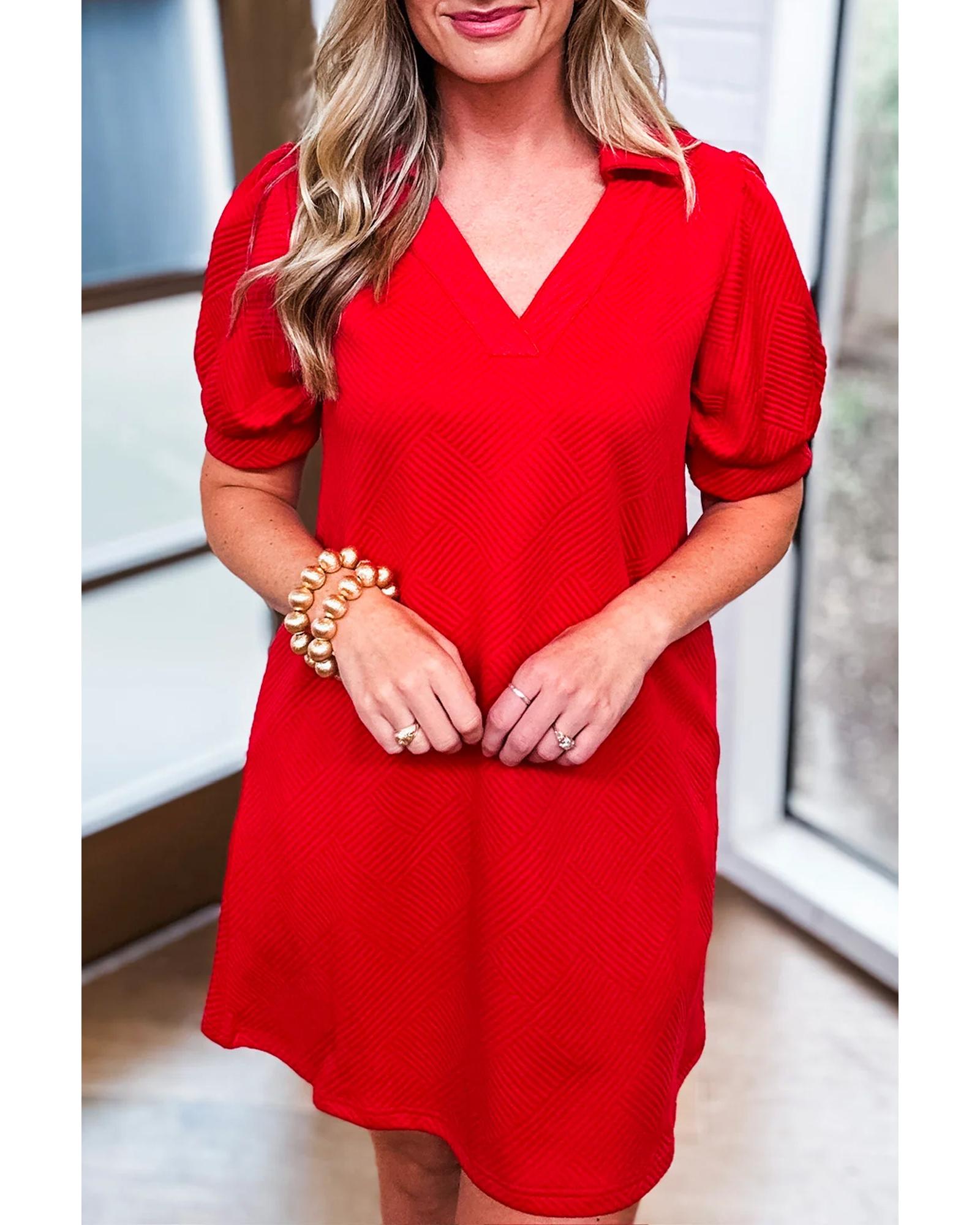 V539-AZEXDC6122910-P3-S-202506141811-00 Fiery Red Textured Collared V Neck Puff Short Sleeve Shift Mini Dress - S - Image 1