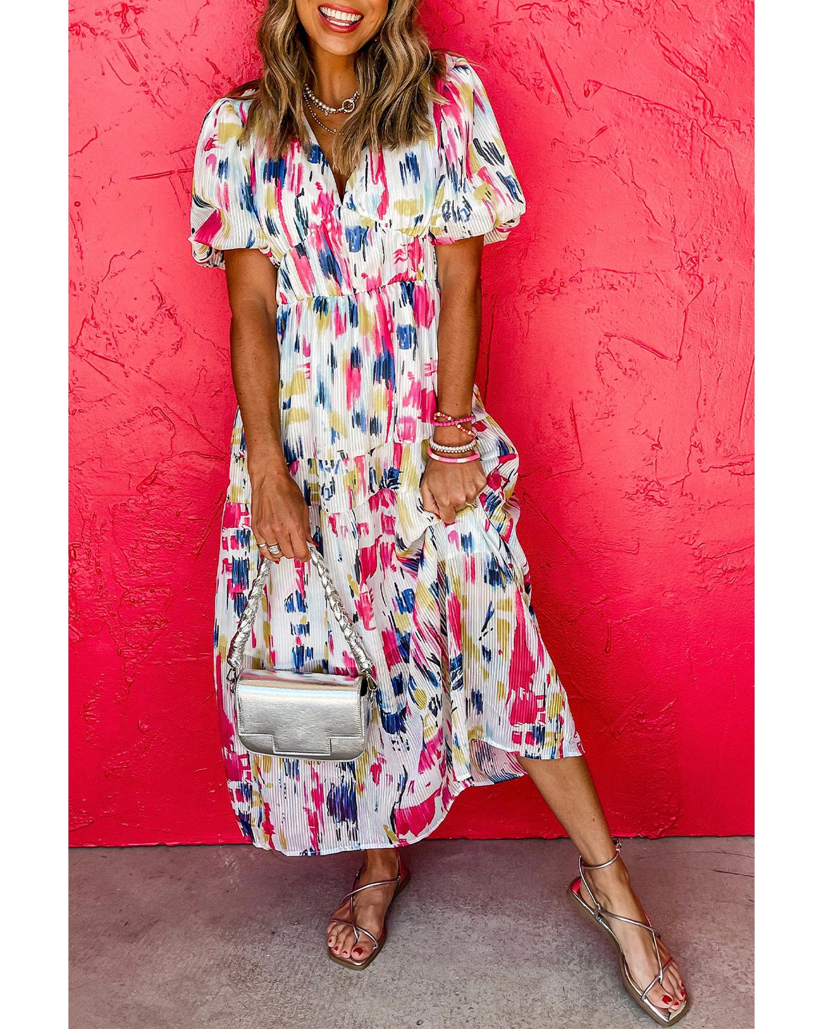 V539-AZEXDC6122942-P620-S-202506141822-00 Rose Abstract Print Short Puff Sleeve Tiered Maxi Dress - S - Image 1