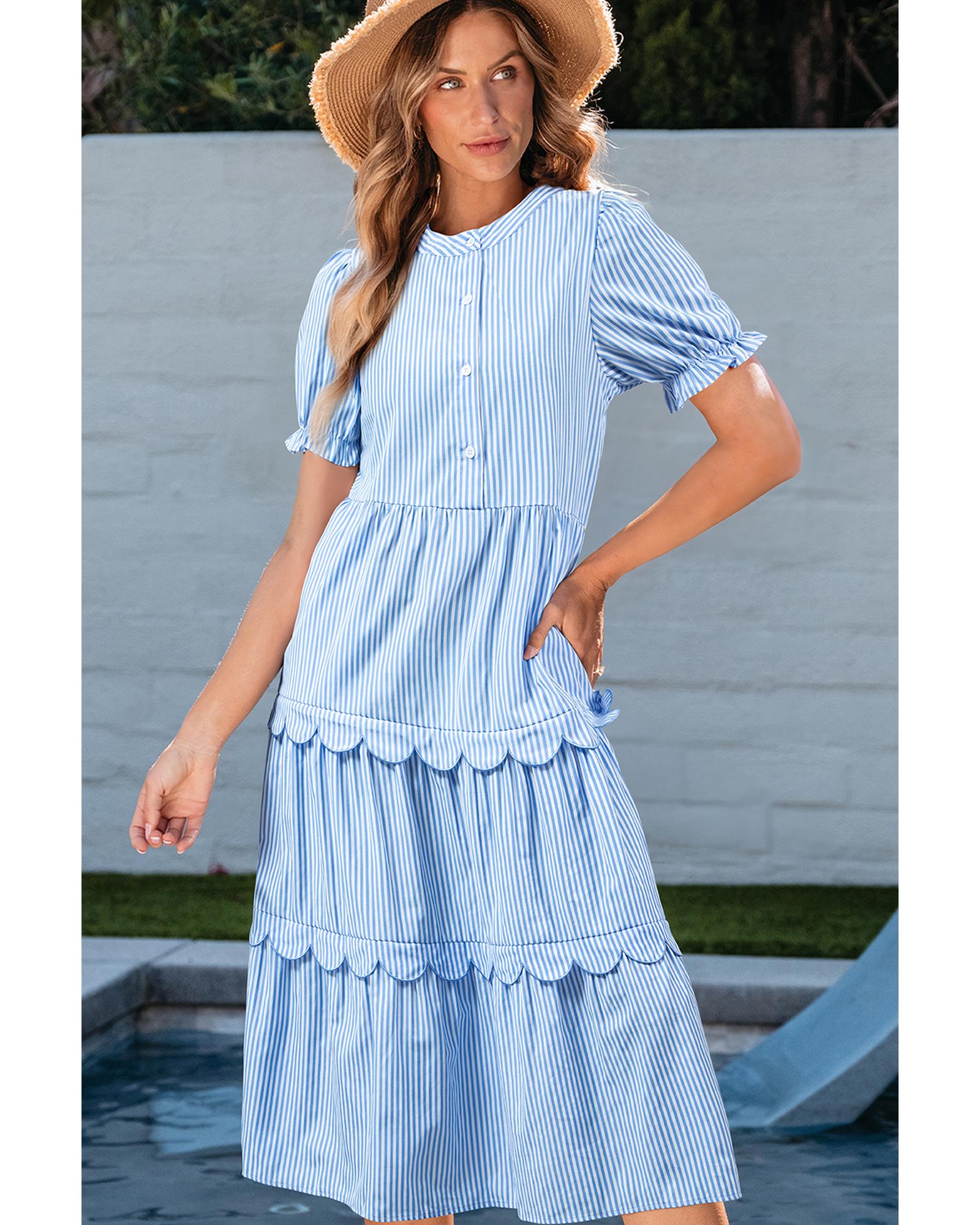 V539-AZEXDC6122954-P419-S-202506141826-00 Sky Blue Stripe Bubble Short Sleeve Tiered Scallop Long Dress - S - Image 1