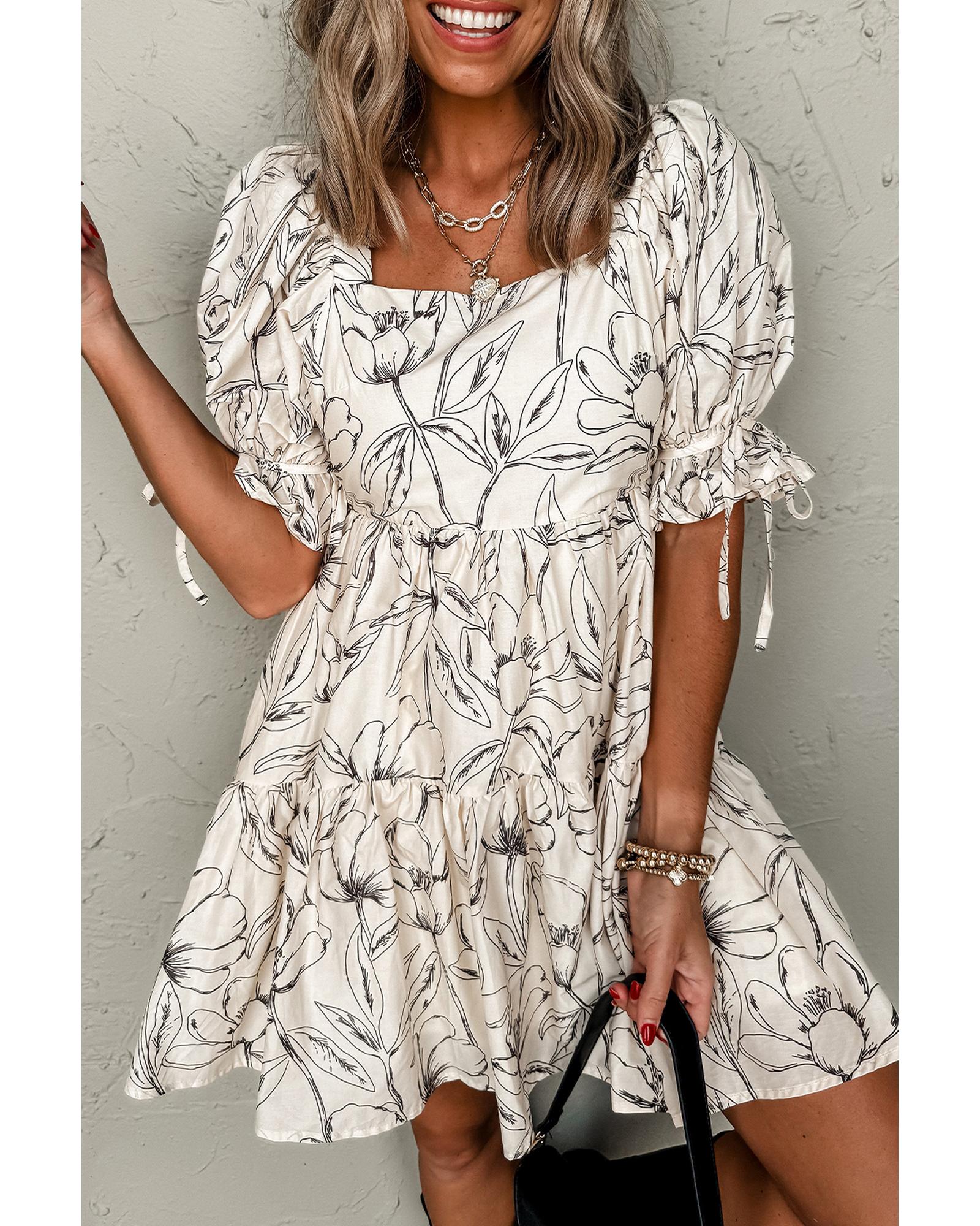 V539-AZEXDC6123097-P1520-XL-202508302325-00 Beige Floral Print Square Neck Shirred Back Puff Sleeve Mini Dress - XL - Image 1