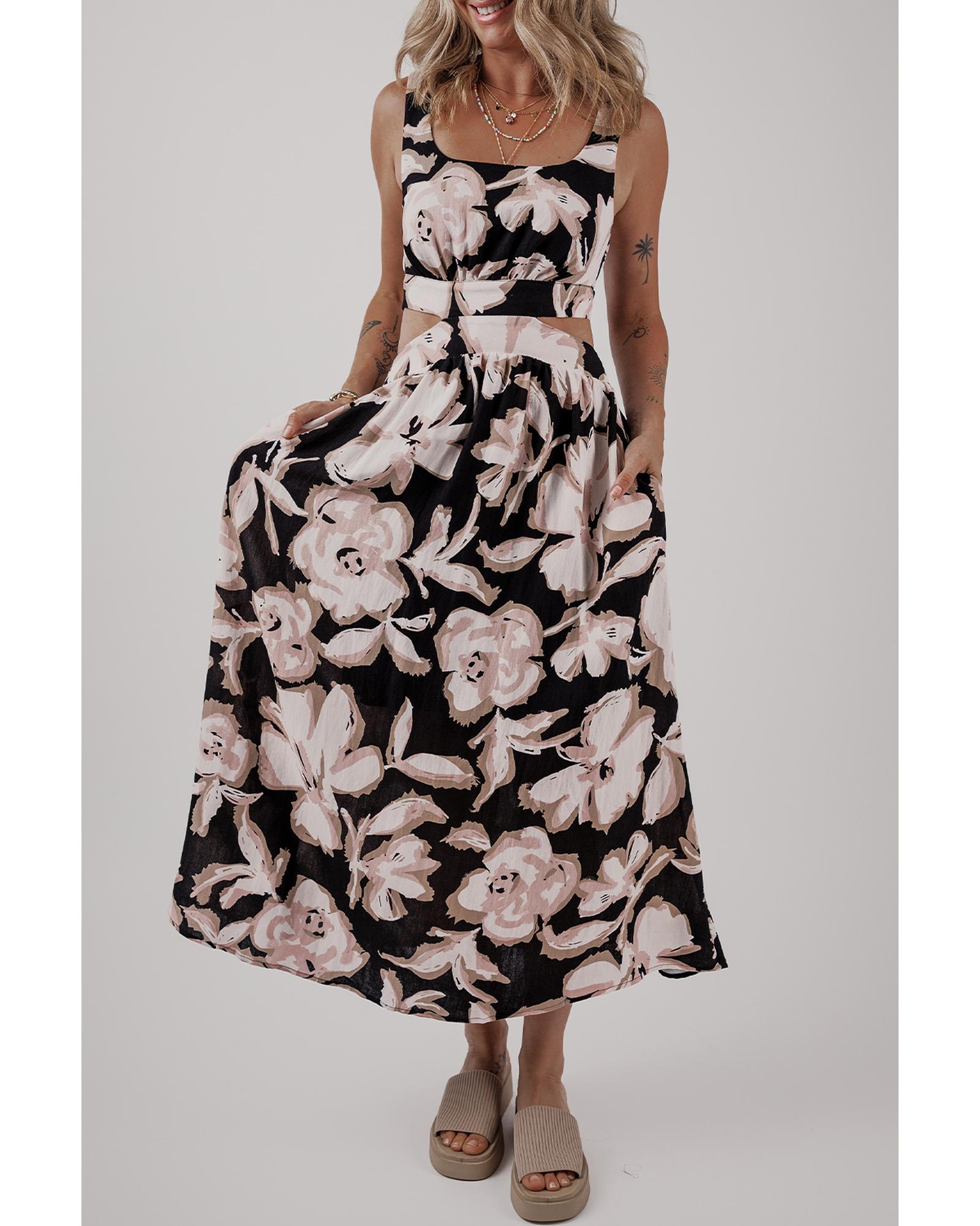 V539-AZEXDC6123180-P220-M-202508302140-00 Black Floral Cutout Square Neck Knot Back Sleeveless Maxi Dress - M - Image 1