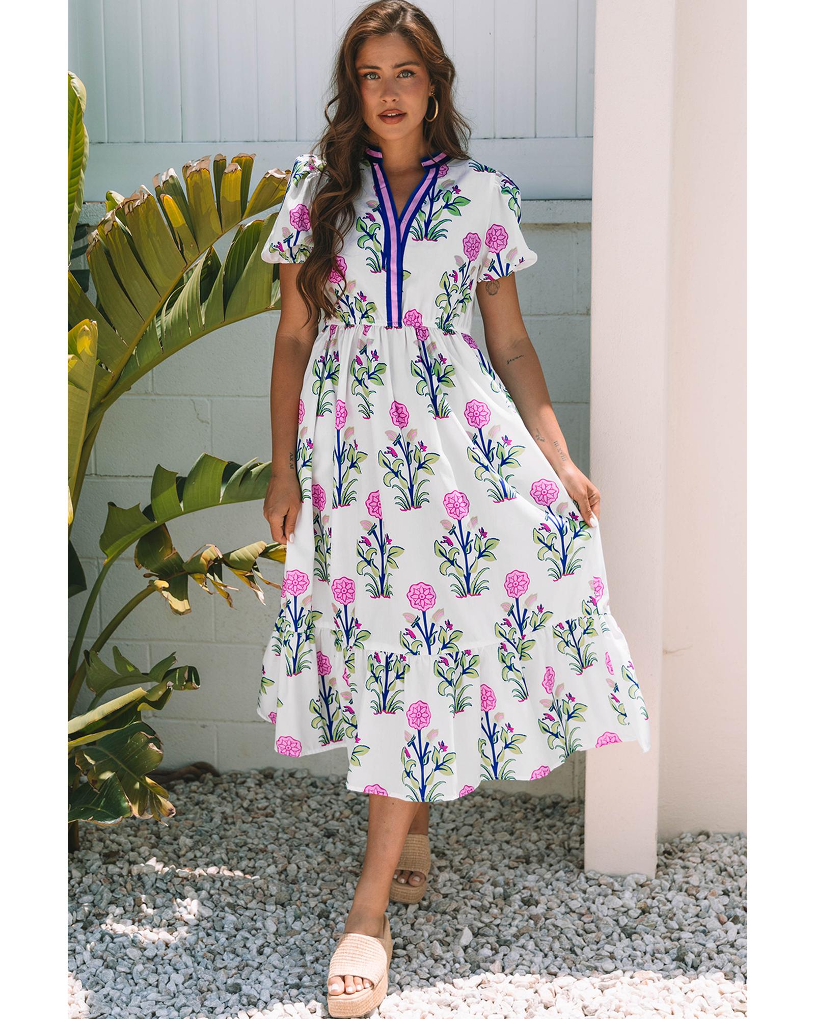 V539-AZEXDC6123188-P120-S-202506141525-00 White Floral Puff Short Sleeve V Neck High Waist Maxi Dress - S - Image 1