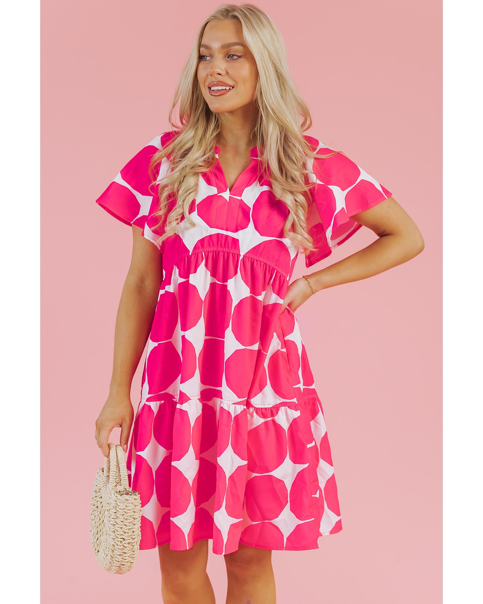 V539-AZEXDC6123206-P620-M-202508301350-00 Rose Polka Dot Flutter Sleeve Notched Neck Tiered Flowy Dress - M - Image 1