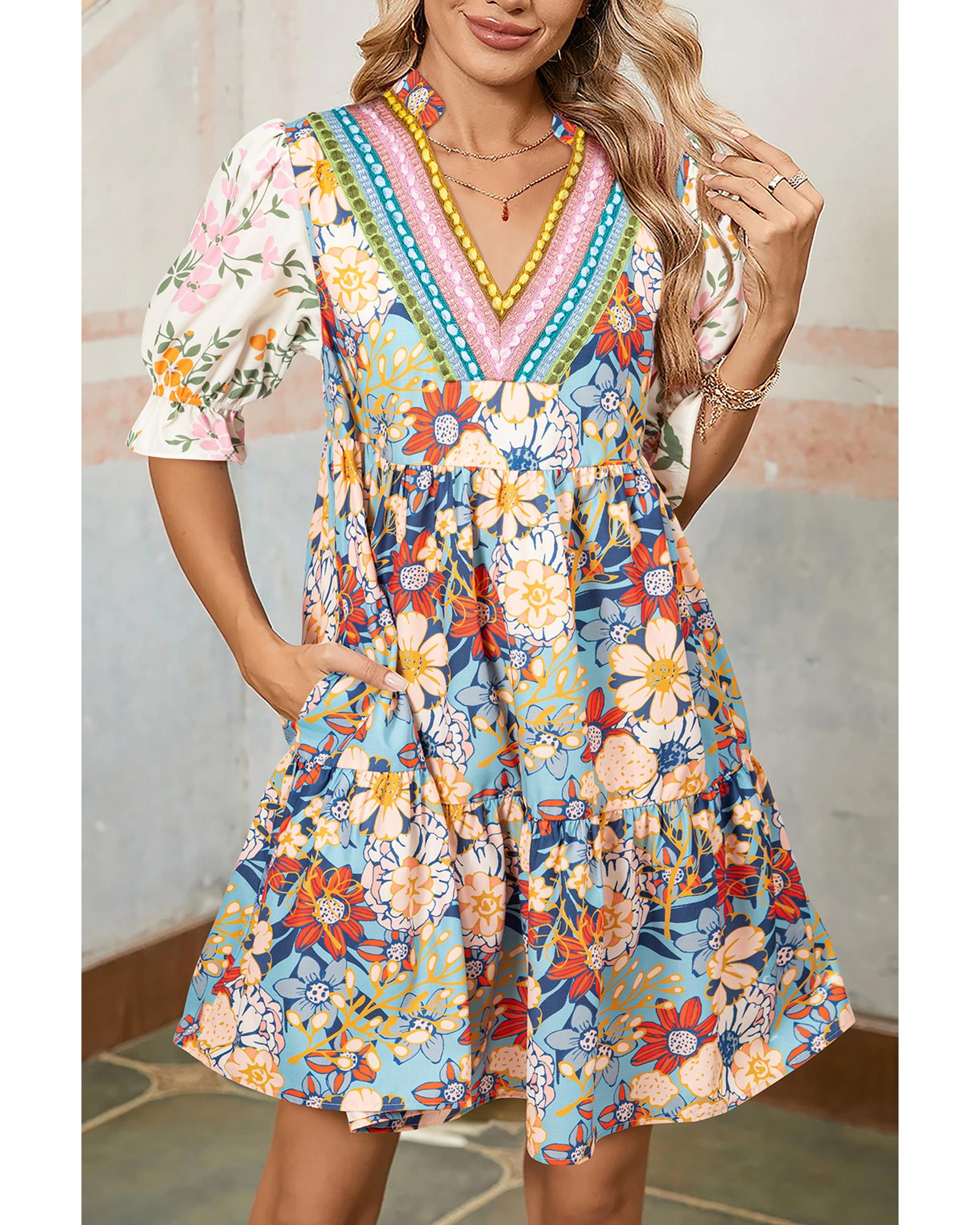 V539-AZEXDC6123227-P22-S-202506141536-00 Multicolour Boho Floral Print Crochet Patchwork V Neck Loose Mini Dress - S - Image 1