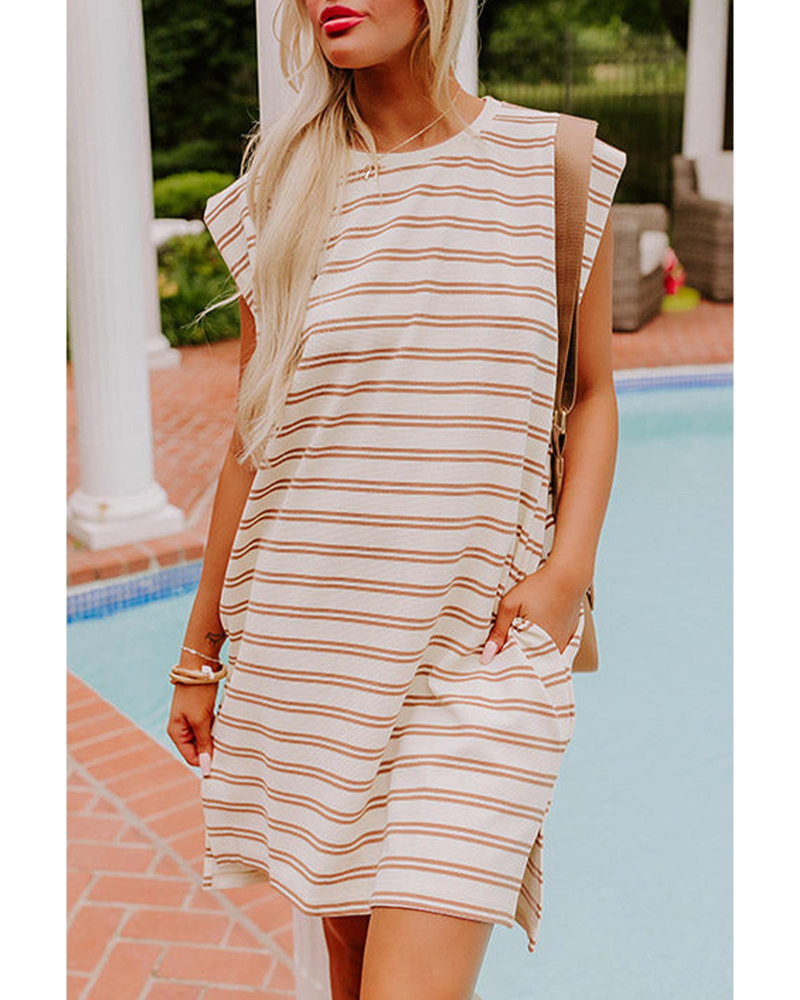 V539-AZEXDC6123243-P1619-M-202508301225-00 Khaki Stripe Round Neck Sleeveless Casual Pocketed Mini Dress - M - Image 1