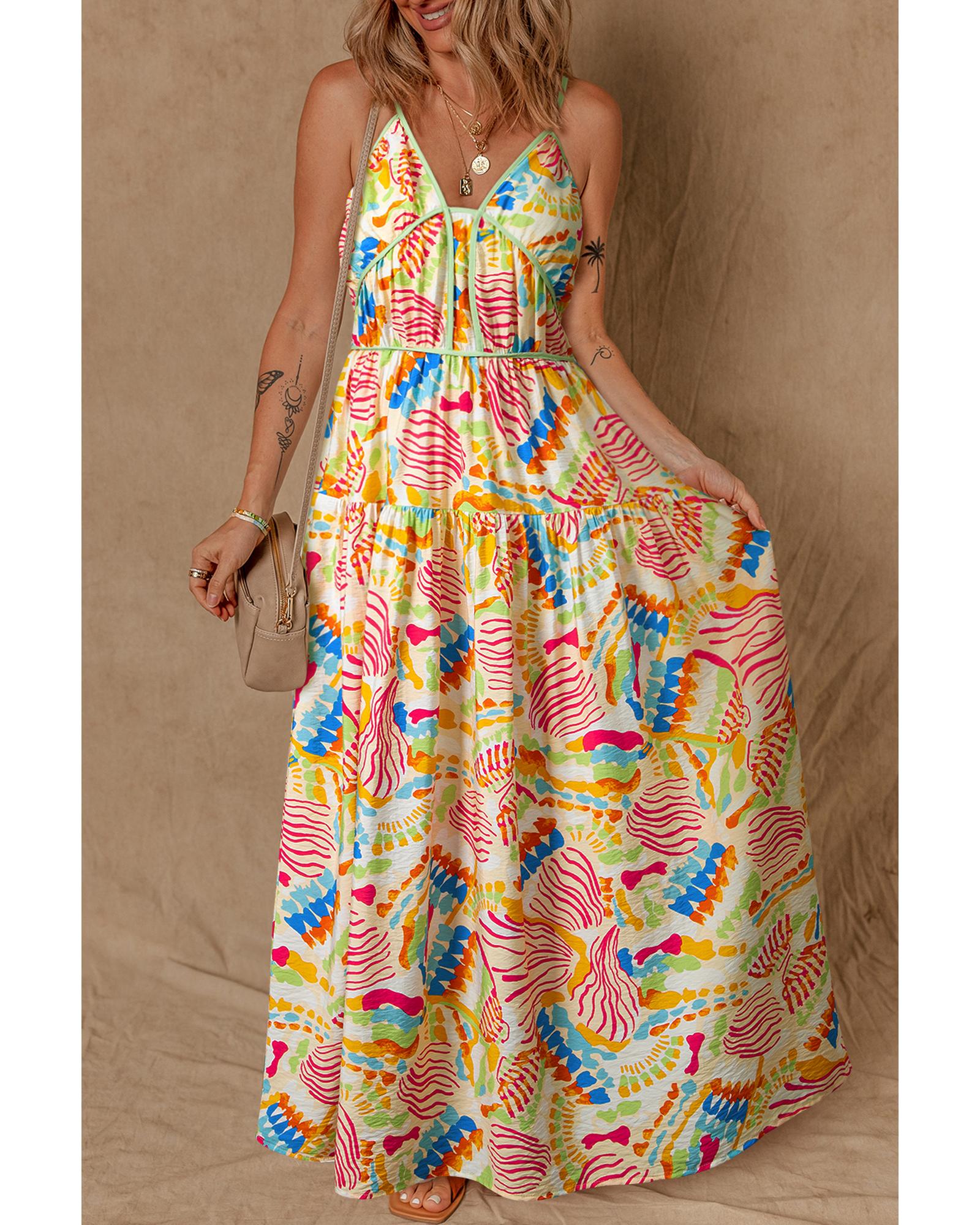 V539-AZEXDC6123248-P1420-XL-202508302345-00 Orange Abstract Print Spaghetti Strap Piping Detail Maxi Dres - XL - Image 1