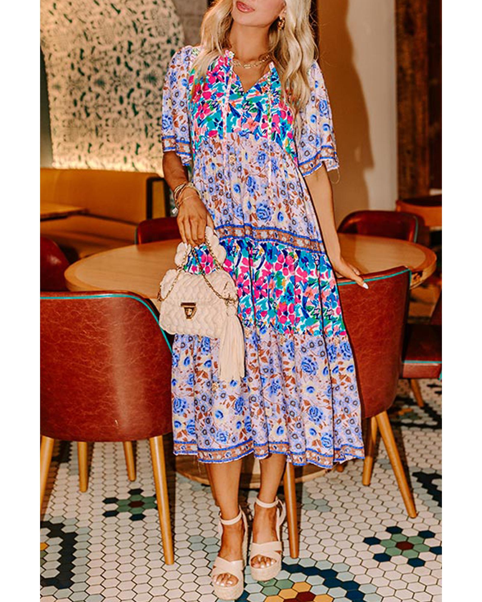 V539-AZEXDC6123261-P420-M-202508301155-00 Sky Blue Mixed Floral Print Tie Split Neck Short Sleeve Dress - M - Image 1