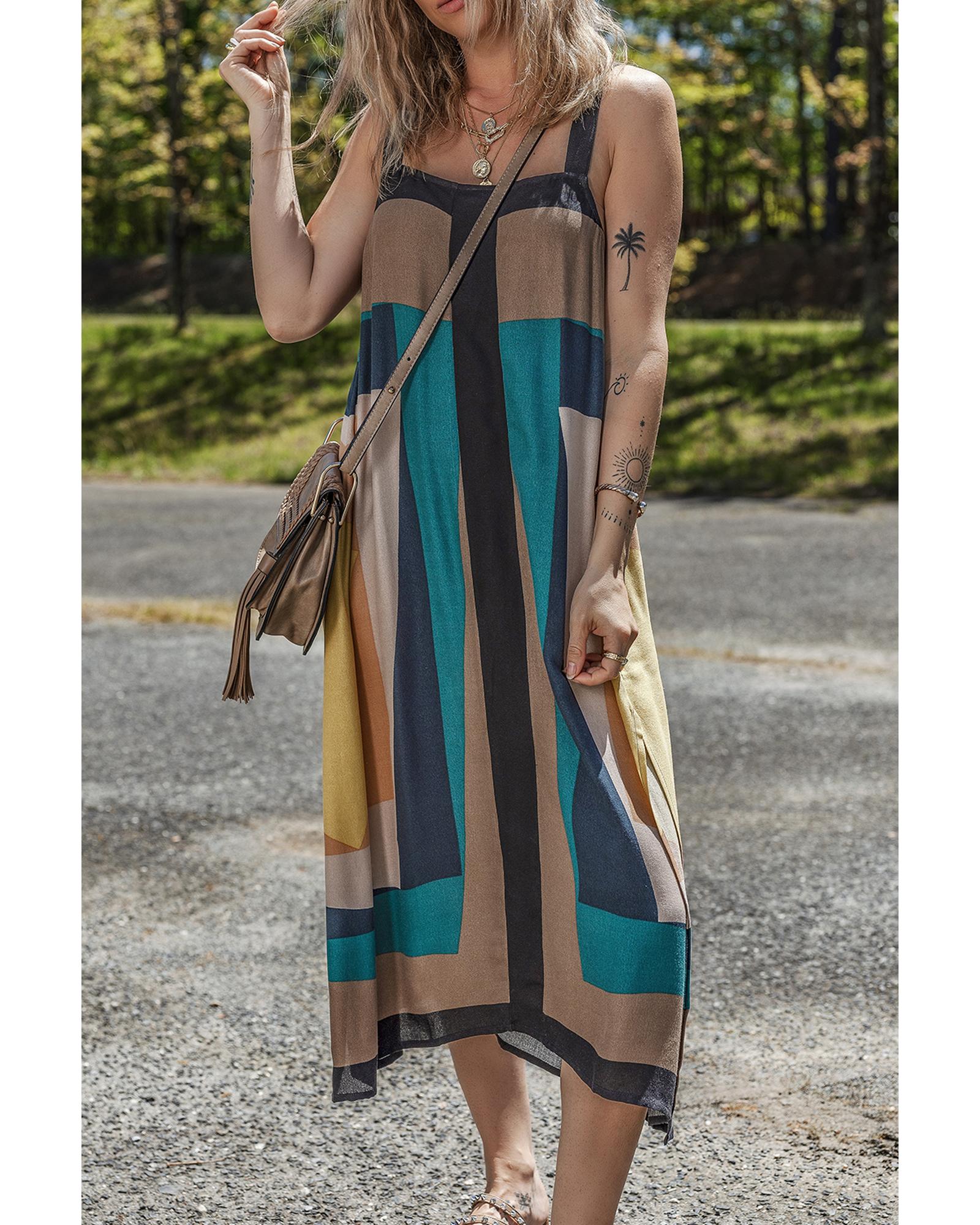 V539-AZEXDC6123299-P1720-XL-202508301655-00 Brown Retro Geometric Printed Y Back Sleeveless Dress - XL - Image 1