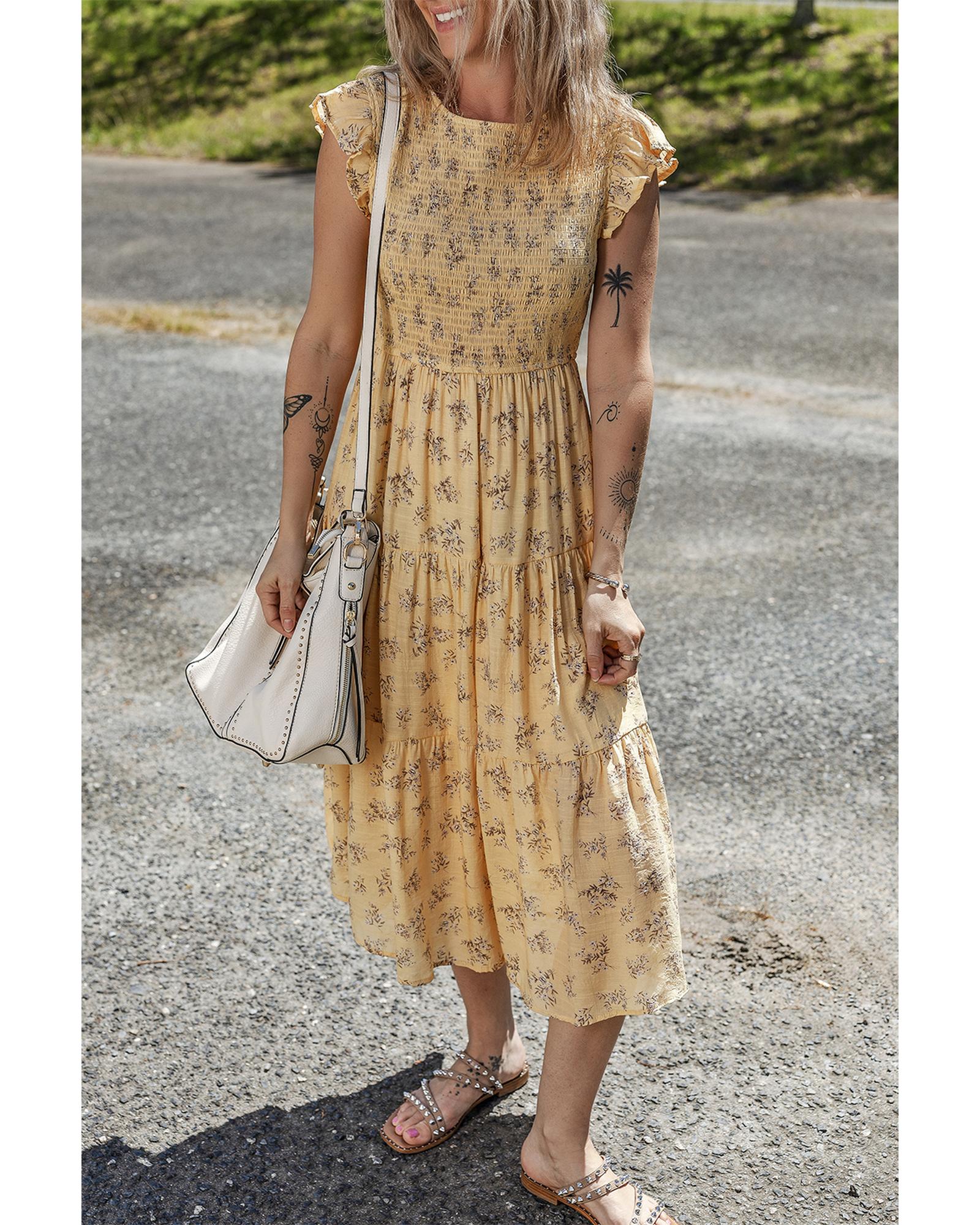 V539-AZEXDC6123300-P720-L-202508301810-00 Yellow Boho Floral Print Ruffle Smocked Flowy Summer Dress - L - Image 1