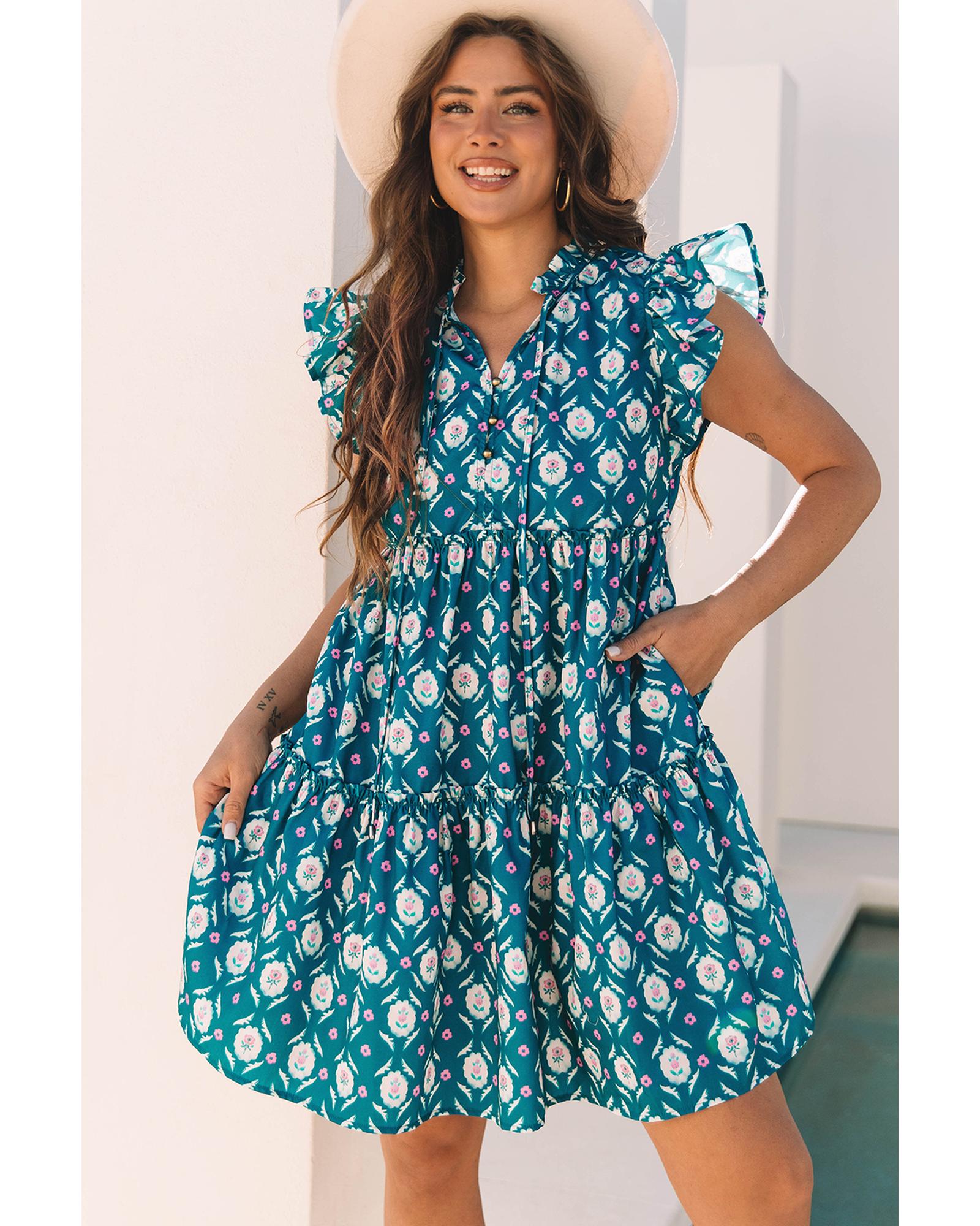 V539-AZEXDC6123515-P520-M-202508280750-00 Blue Retro Floral Print Split Neck Ruffle Short Sleeve Dress - M - Image 1