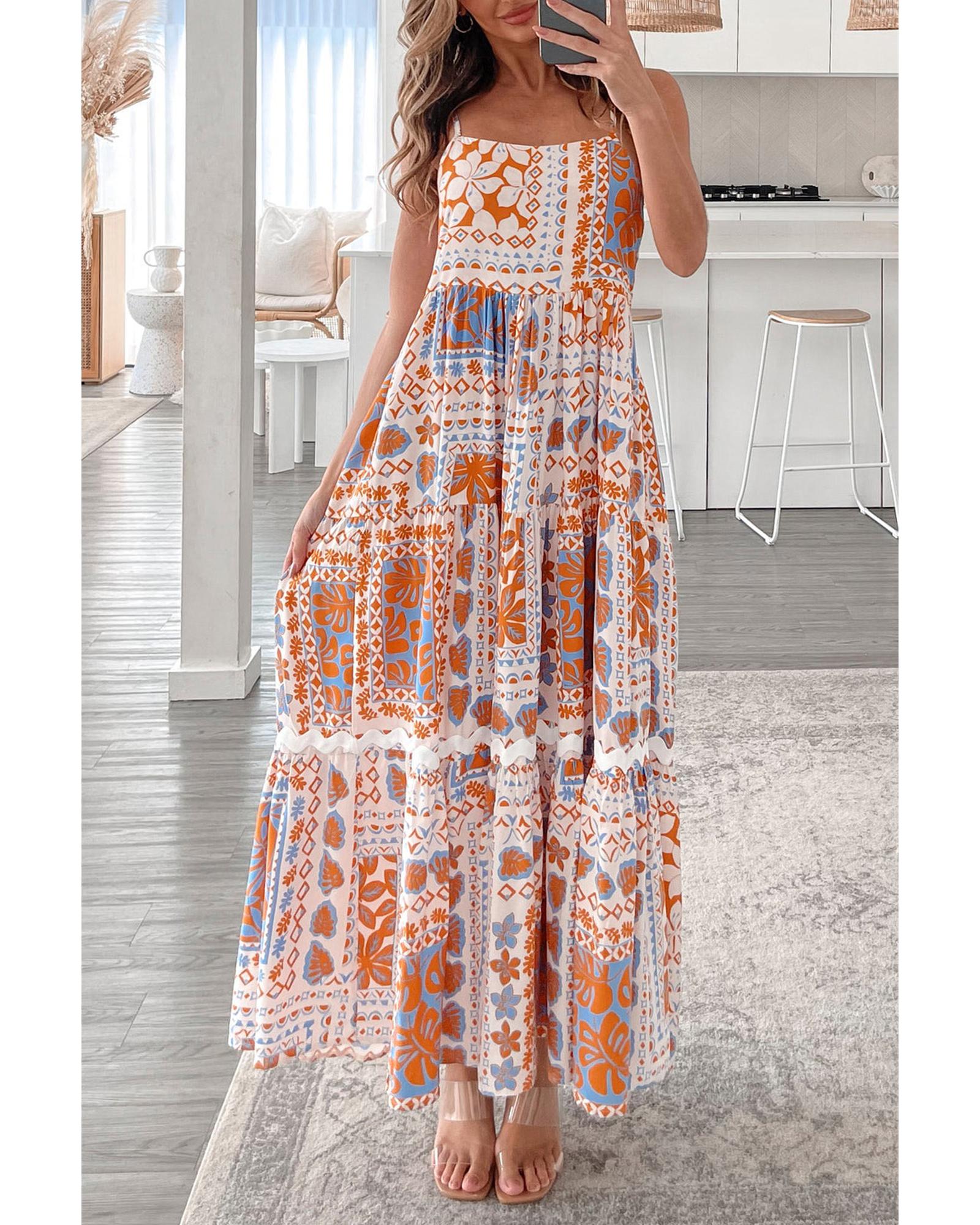 V539-AZEXDC6123569-P1420-XL-202508292115-00 Orange Multi Printed Ricrac Trim Spaghetti Straps Maxi Dress - XL - Image 1
