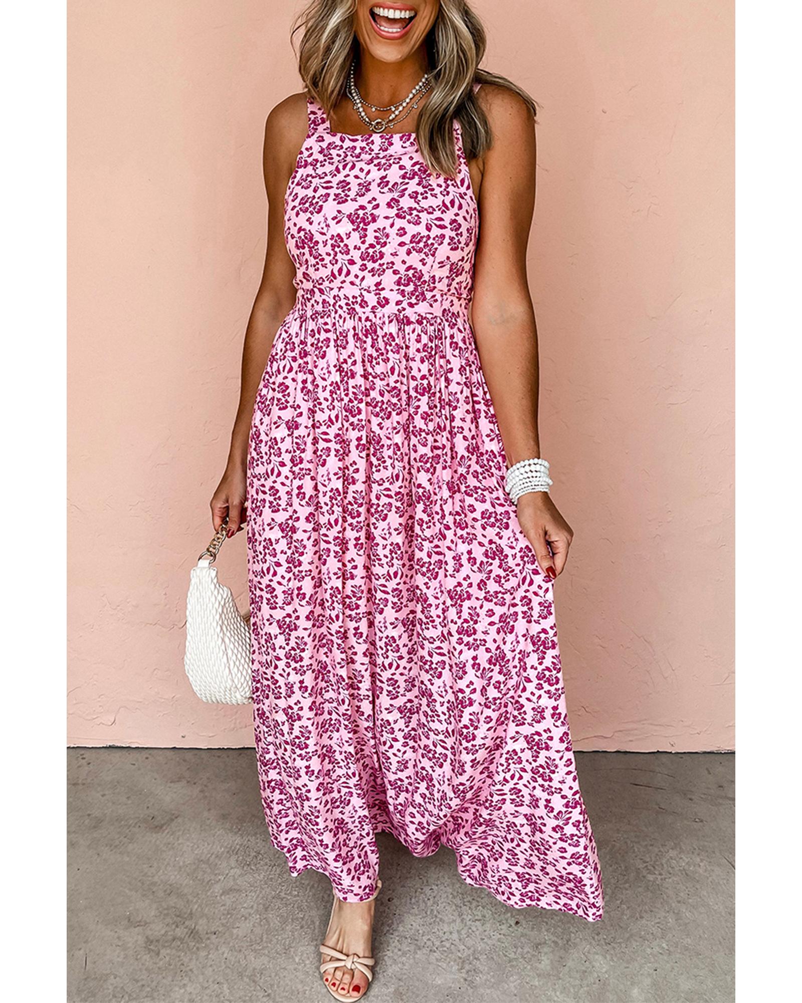 V539-AZEXDC6123612-P1020-L-202508282210-00 Pink Floral Cutout Back Empire Waist Sleeveless Maxi Dress - L - Image 1
