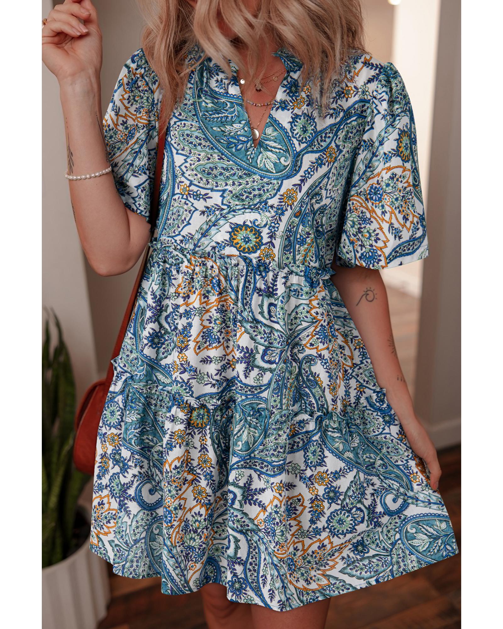 V539-AZEXDC6123663-P520-S-202506141831-00 Blue Bohemian Paisley Floral V Neck Short Sleeve Mini Dress - S - Image 1