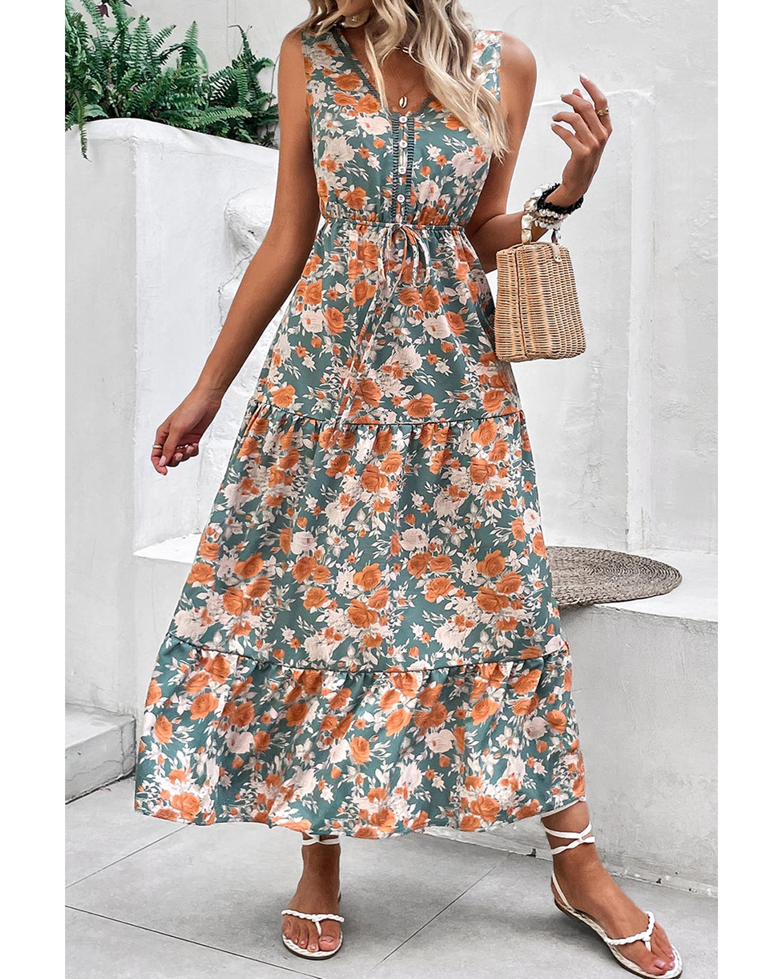 V539-AZEXDC6123821-P920-L-202508301635-00 Green Floral Print Trimmed V Neck Tie Waist Sleeveless Holiday Long Dress - L - Image 1