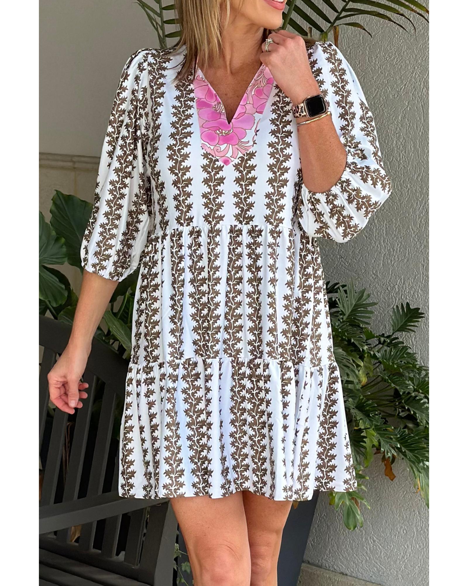 V539-AZEXDC6123915-P220-M-202508300745-00 Black Contrast Floral V Neck Printed Bracelet Sleeve Dress - M - Image 1