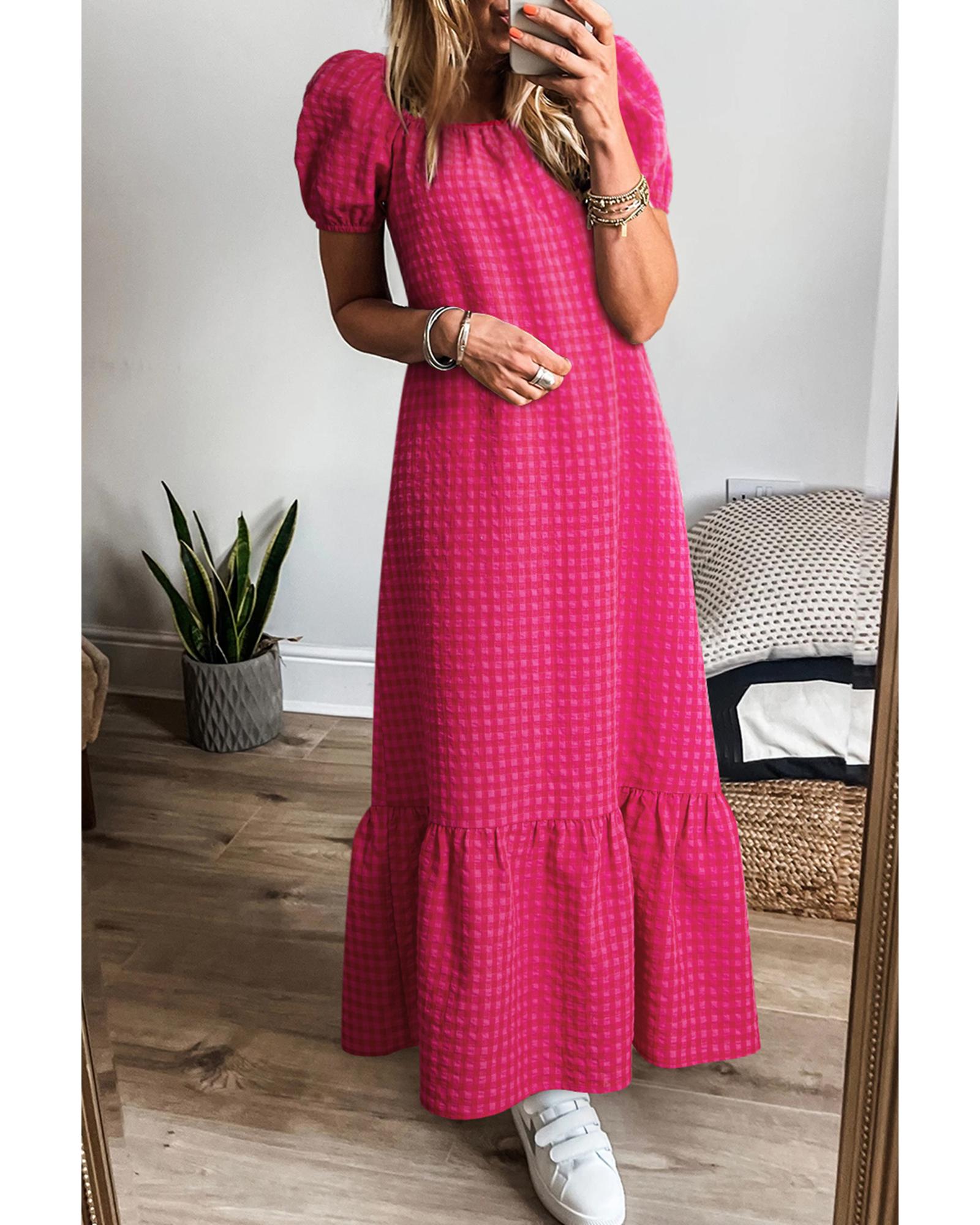 V539-AZEXDC6123941-P10620-XL-202508302145-00 Rose Ginham Check Bubble Sleeve Ruffled Maxi Dress - XL - Image 1