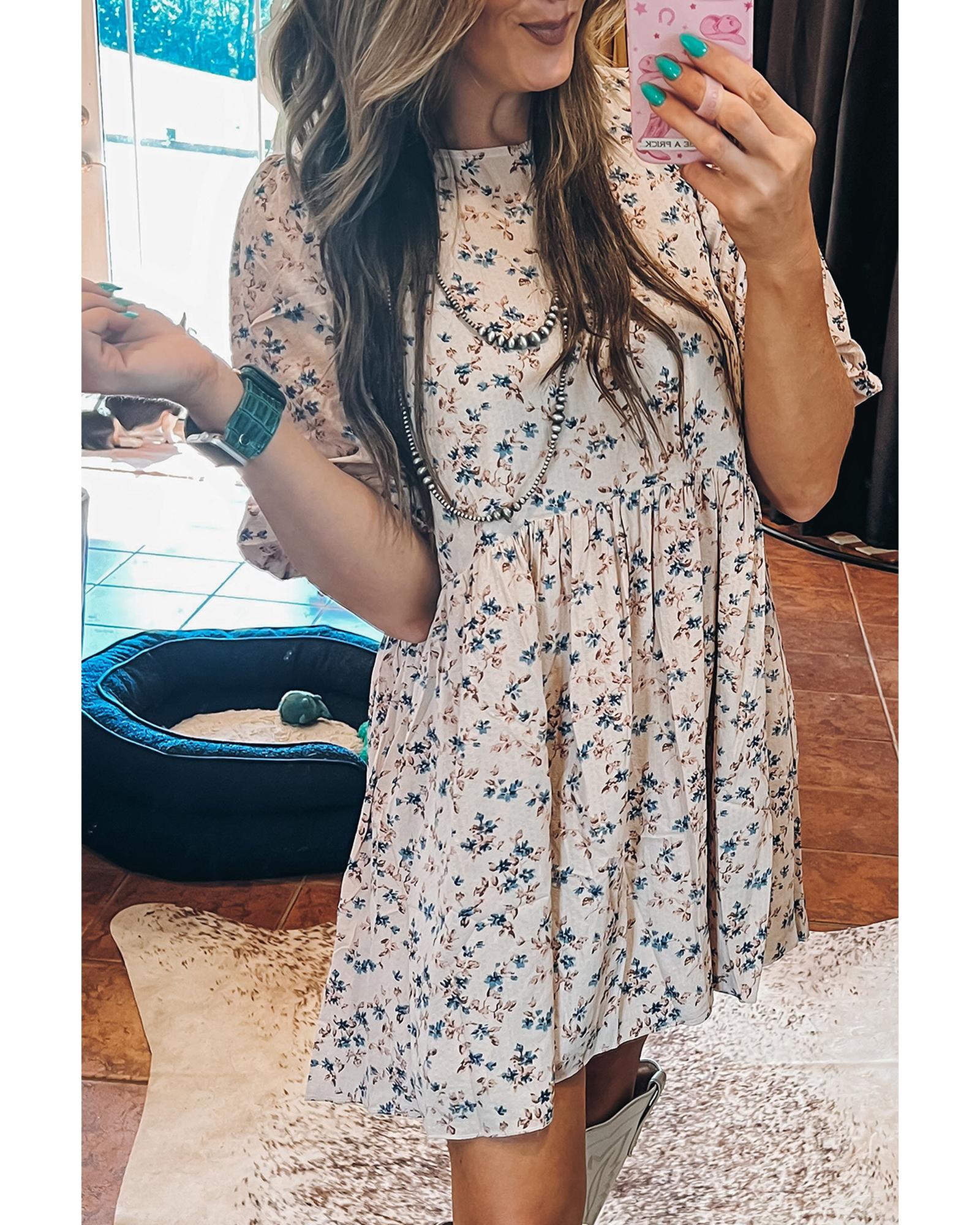 V539-AZEXDC6123955-P1520-L-202508302225-00 Beige Floral Puff Short Sleeve Empire Waist Mini Dress - L - Image 1