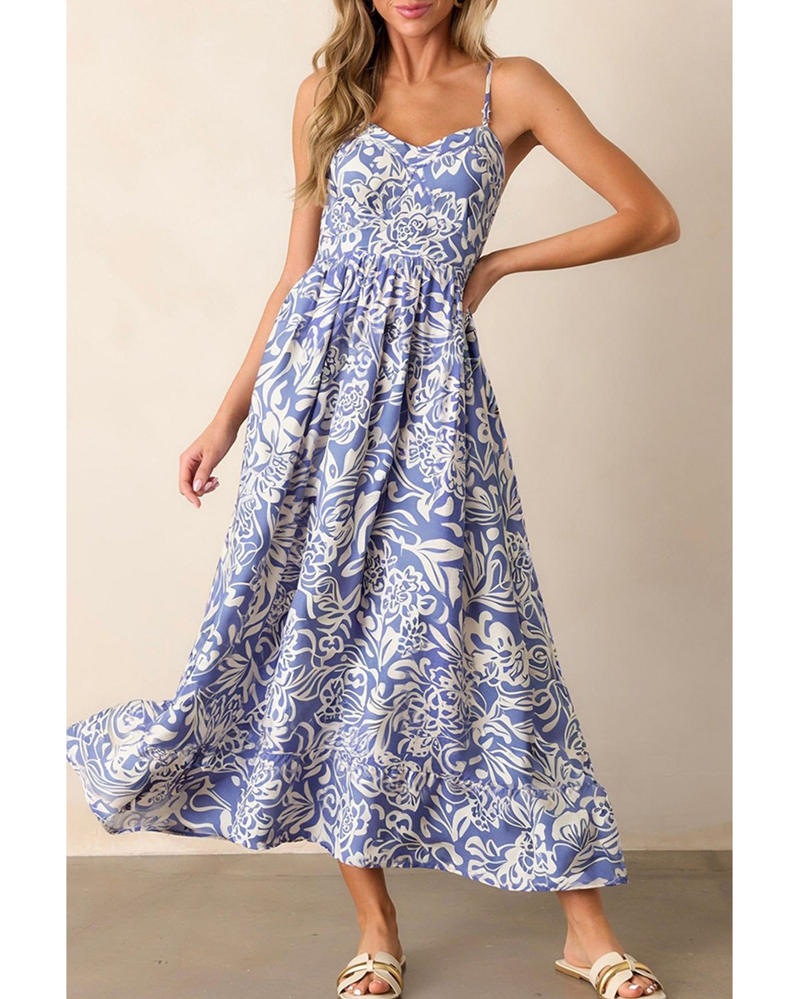 V539-AZEXDC6124096-P420-M-202508300800-00 Sky Blue Floral Print Spaghetti Strap High Waist Maxi Dress - M - Image 1