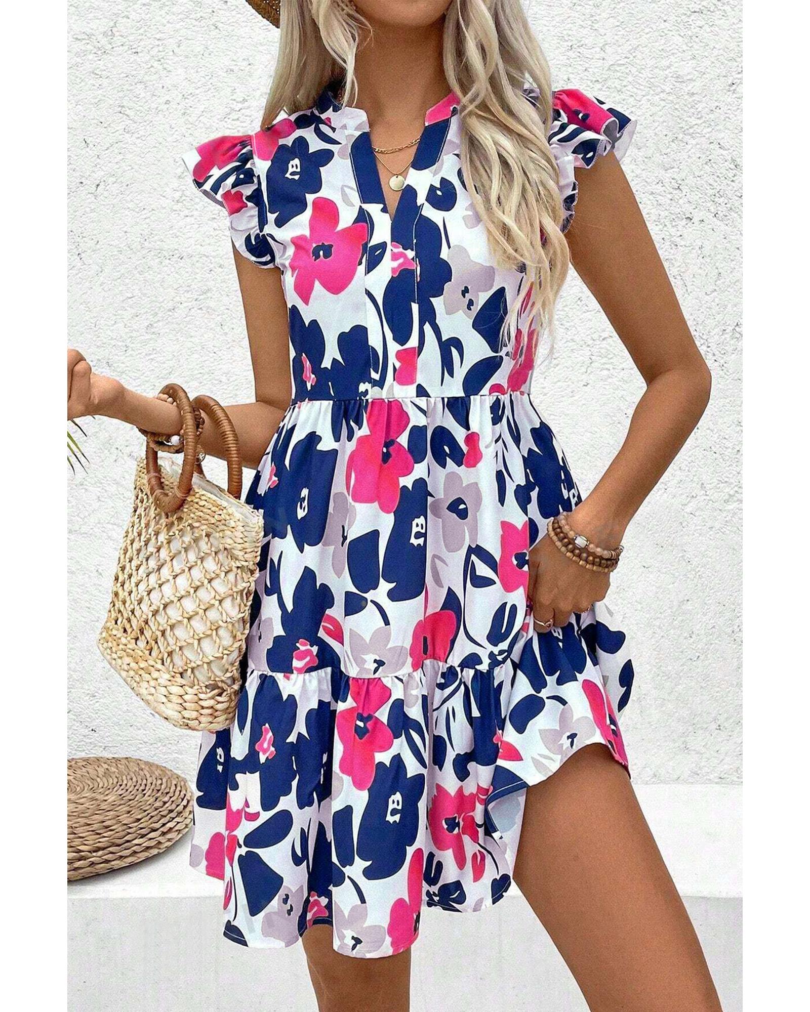 V539-AZEXDC6124168-P620-M-202506142008-00 Fashion Floral Print Notched Neck Flutter Sleeve Mini Dress - M - Image 1