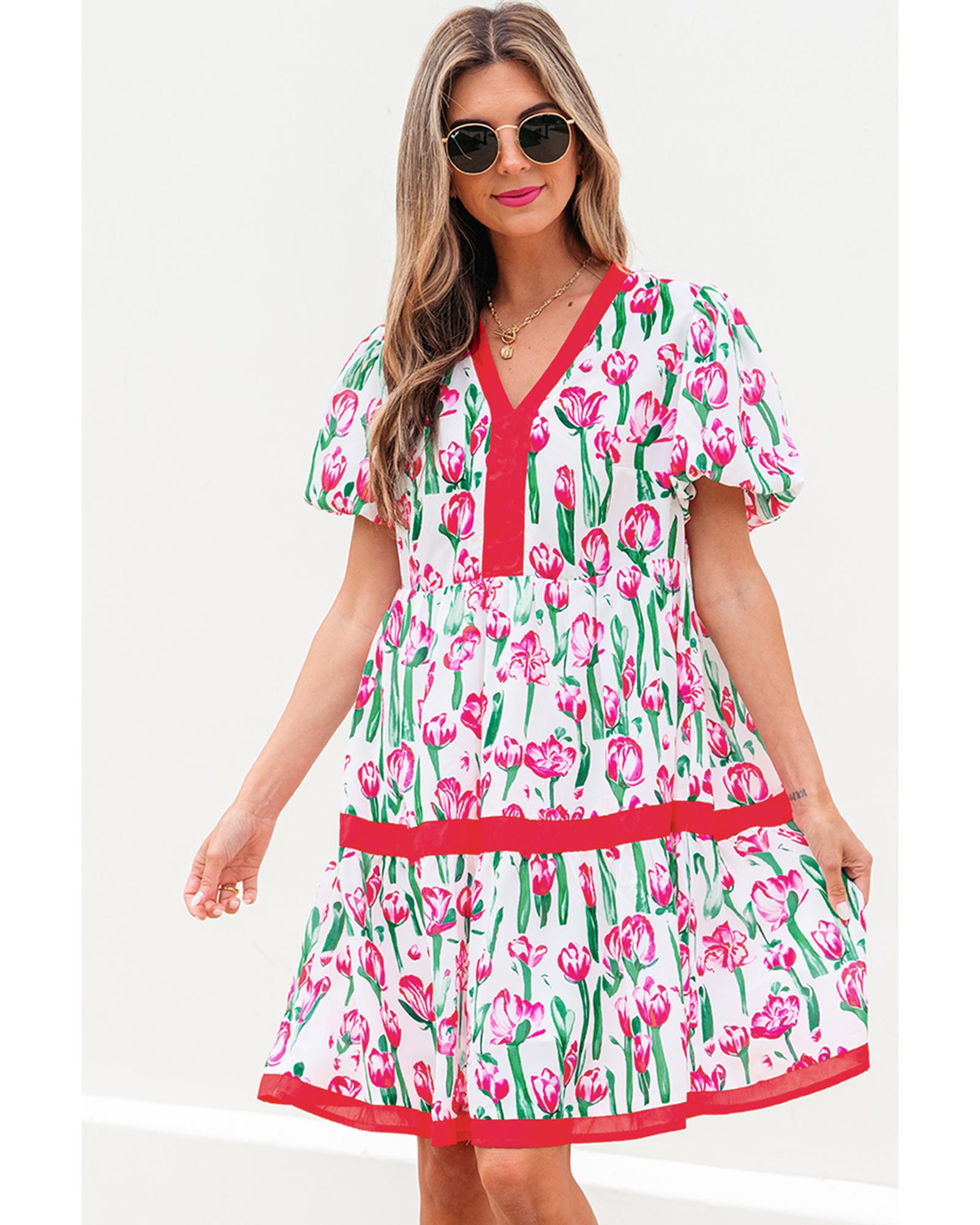 V539-AZEXDC6124474-P1020-XL-202508301815-00 Pink Floral Print Contrast Trim V Neck Bubble Short Sleeve Babydoll Dress - XL - Image 1