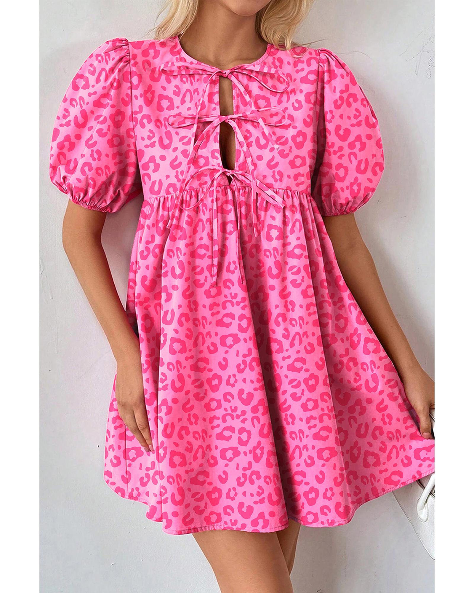 V539-AZEXDC6124536-P620-S-202506142040-00 Rose Leopard Puff Sleeve Tie Front High Waist Mini Dress - S - Image 1