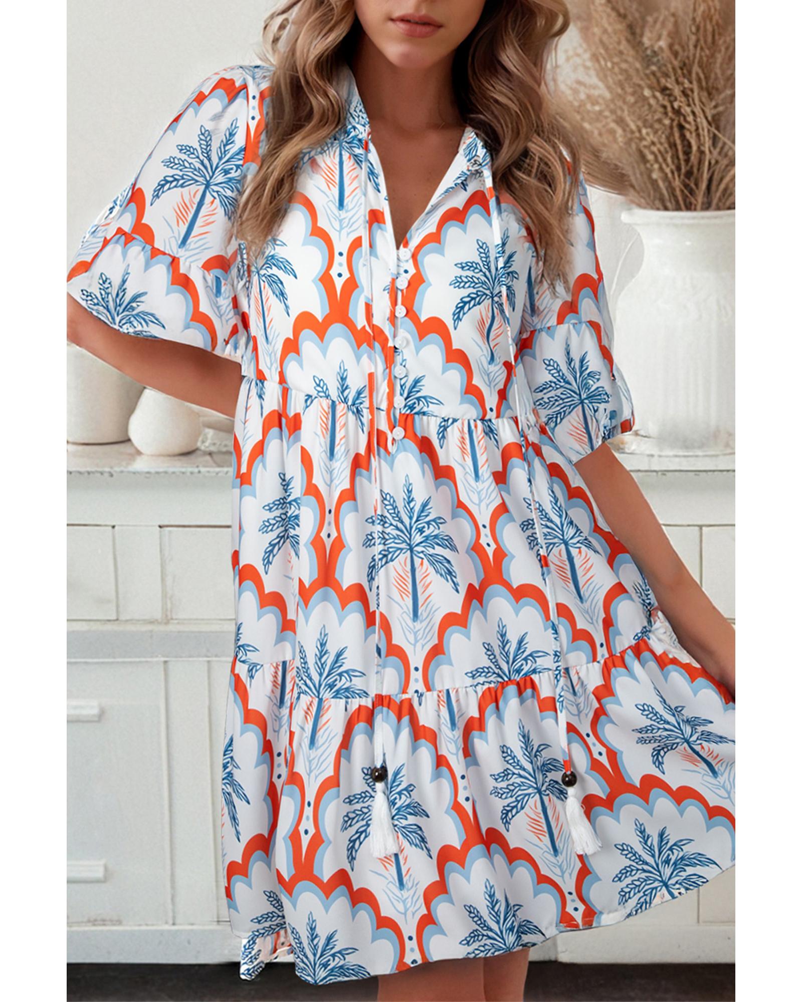 V539-AZEXDC6124688-P1420-M-202508280810-00 Orange Contrast Palm Tree Printed Short Sleeve Flowy Dress - M - Image 1