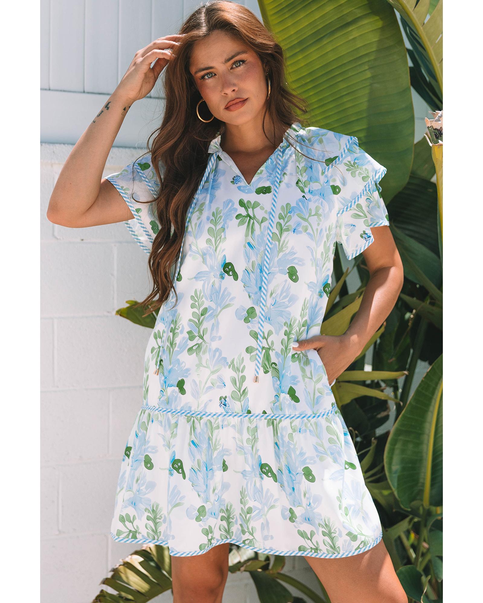 V539-AZEXDC6124822-P420-S-202508281840-00 Sky Blue Floral Contrast Edge Layered Short Sleeve Mini Dress - S - Image 1