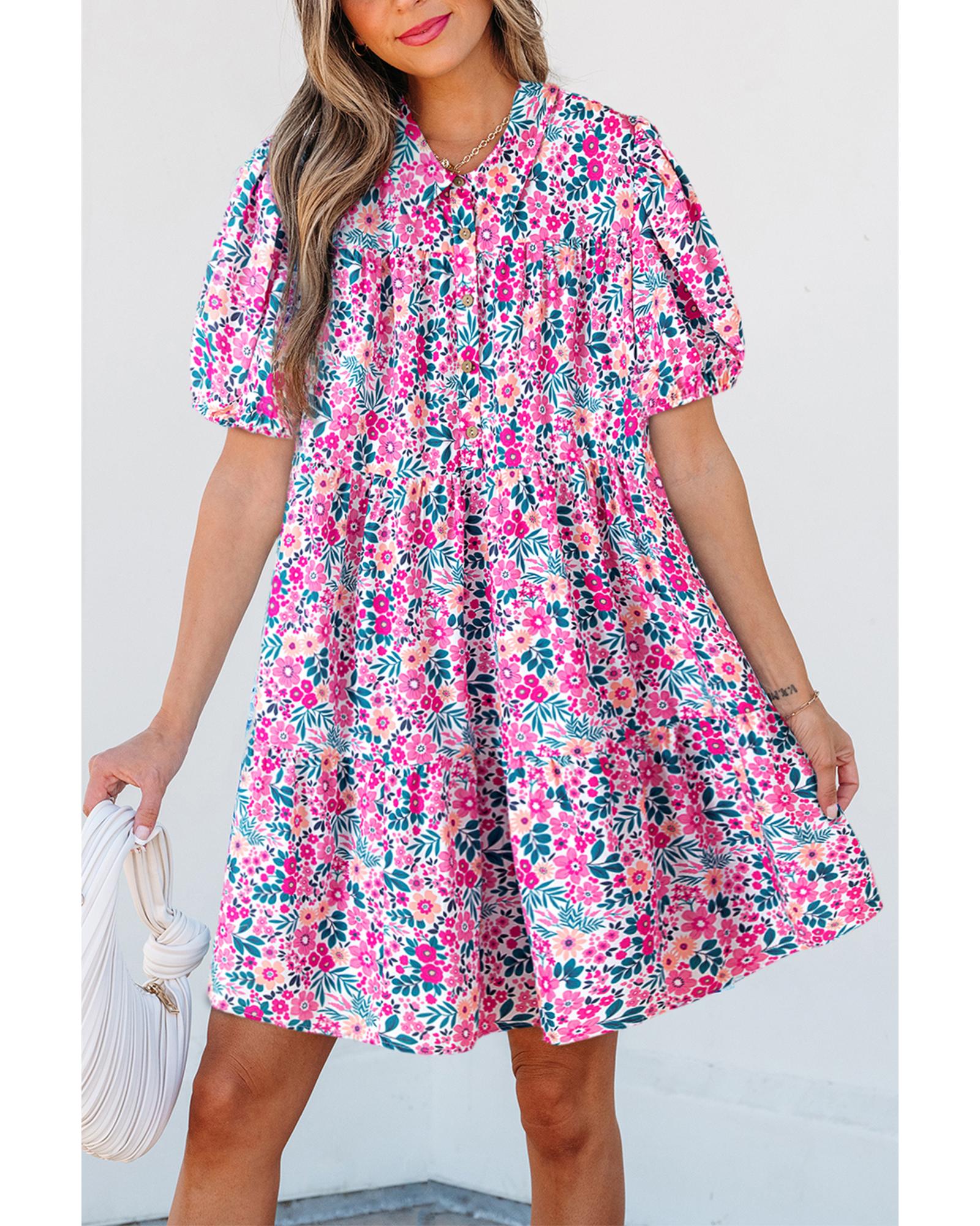V539-AZEXDC6125057-P1020-S-202506142121-00 Pink Floral Collared Half Placket Short Sleeve Loose Dress - S - Image 1