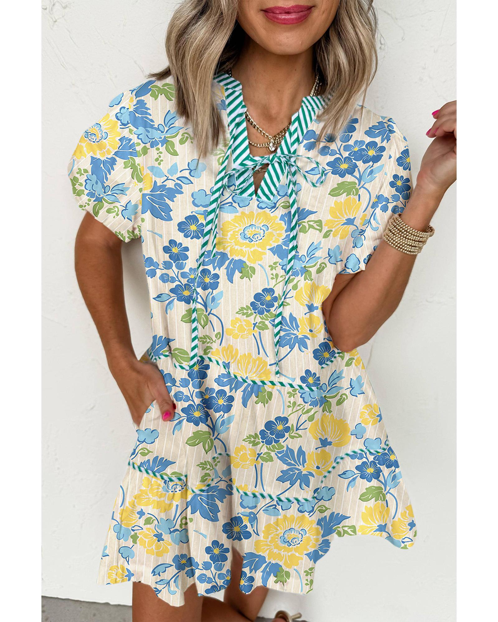 V539-AZEXDC6125080-P520-XL-202508281830-00 Blue Floral Striped Trim Puff Short Sleeve Dress - XL - Image 1