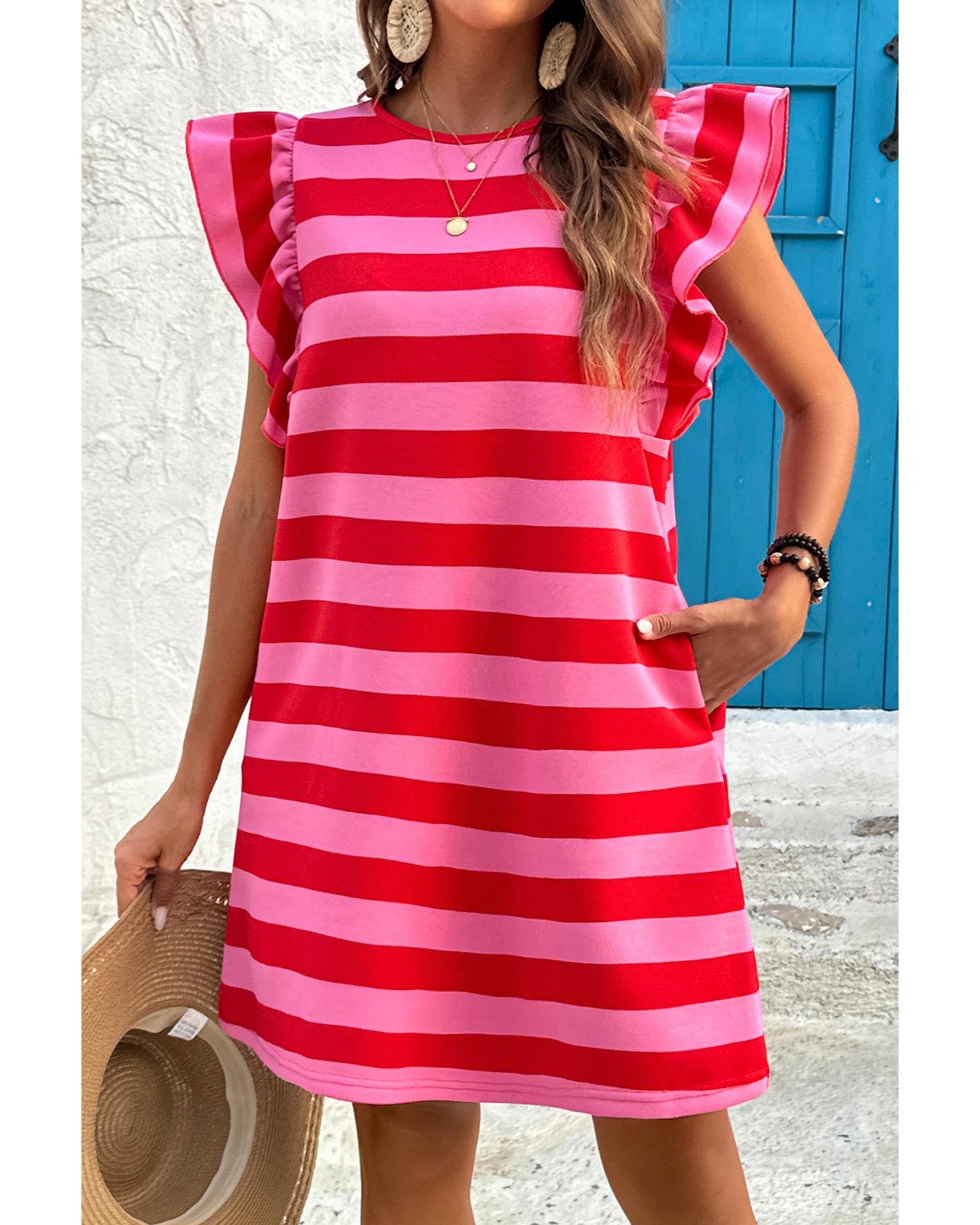 V539-AZEXDC6125356-P319-M-202508291935-00 Red Stripe Flutter Sleeve Round Neck Shift Dress - M - Image 1