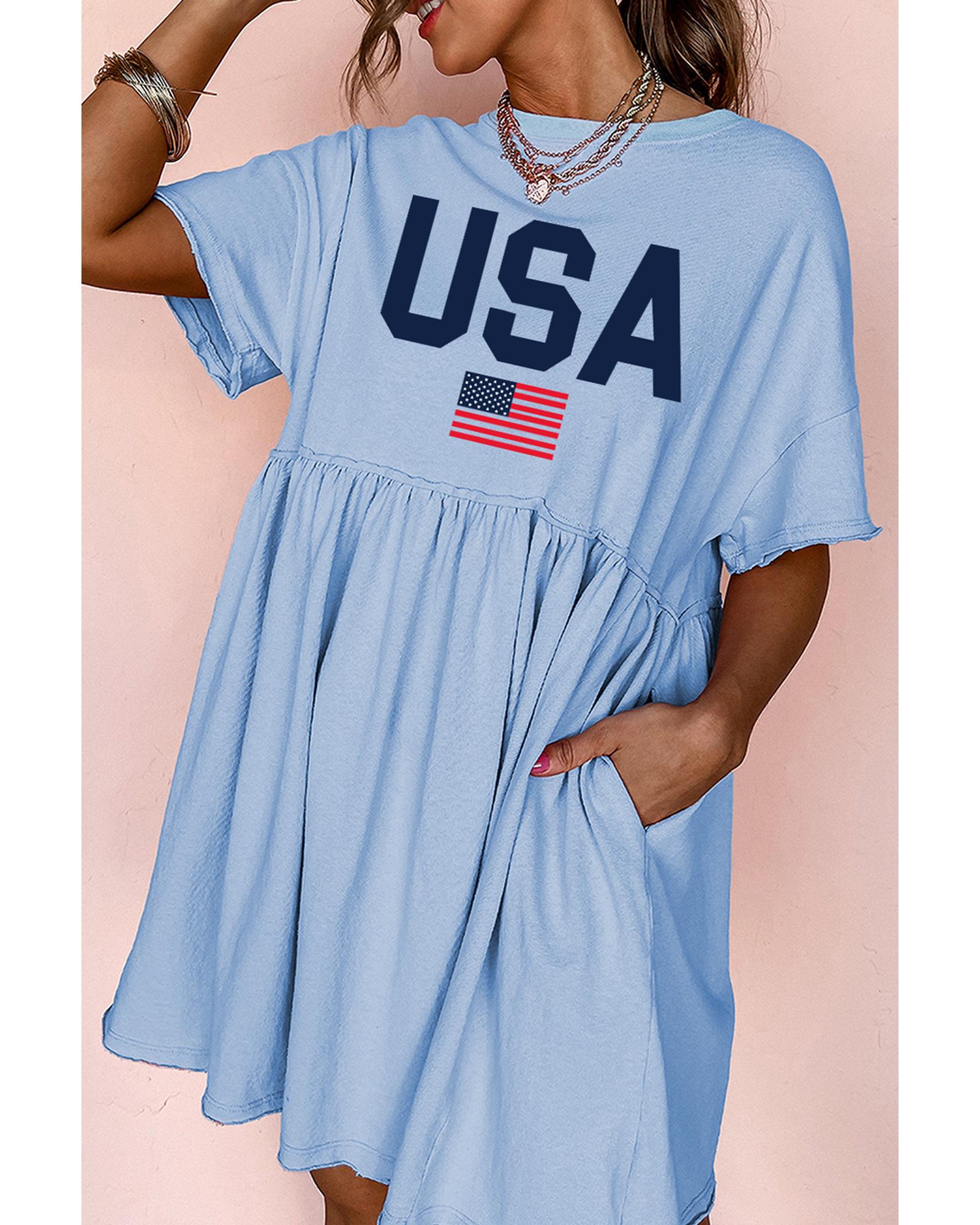 V539-AZEXDC6125415-P304-S-202506191830-00 Sky Blue USA Flag Print Short Sleeve High Waist Babydoll Dress - S - Image 1