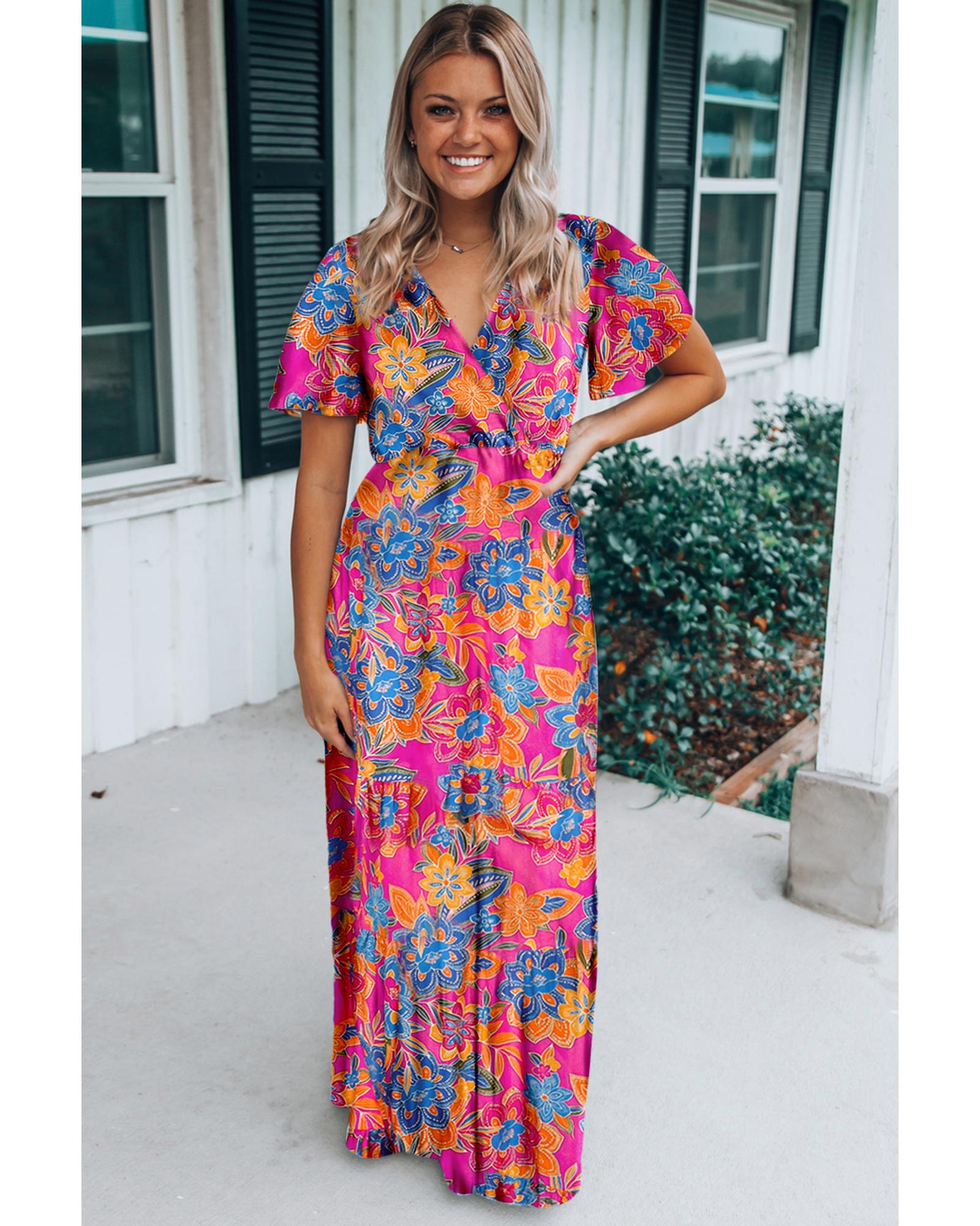 V539-AZEXDC619636-P620-S-202506142135-00 Rose Wrap V Neck Floral Maxi Dress - S - Image 1