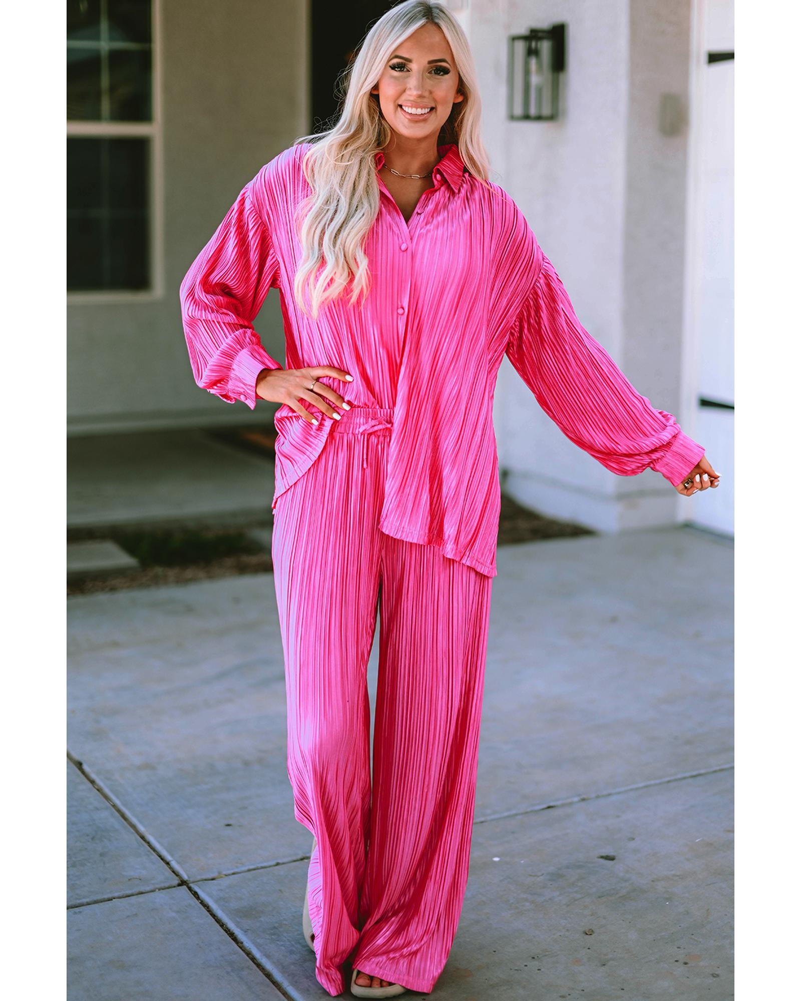 V539-AZEXDC625206-6-L-202508300150-00 Rose Pleated Long Sleeve Shirt and Wide-Leg Pants Set - L - Image 1
