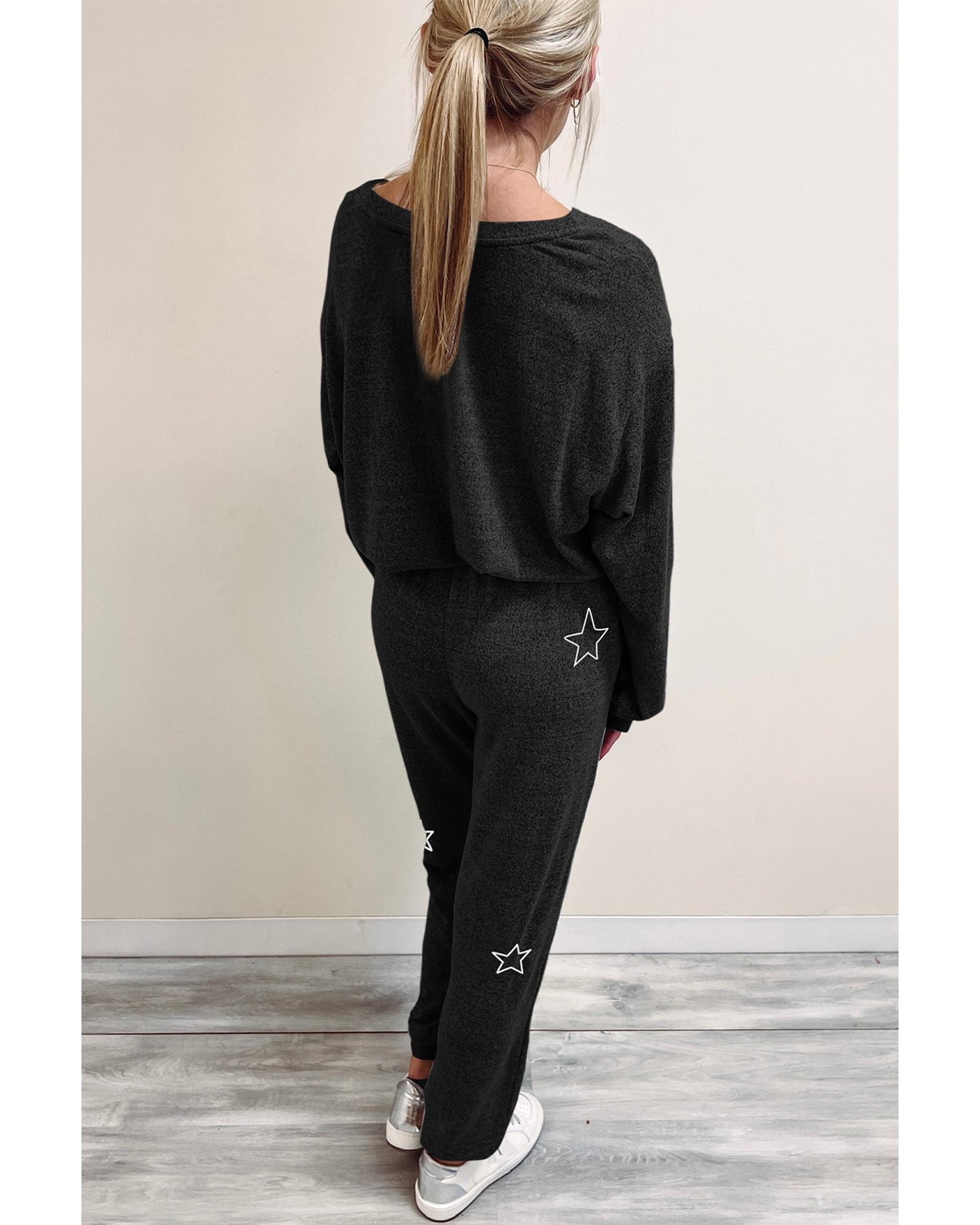 V539-AZEXDC625216-P2-L-202508281650-00 Black Stars Print Long Sleeve Drawstring High Waist Lounge Set - L - Image 1