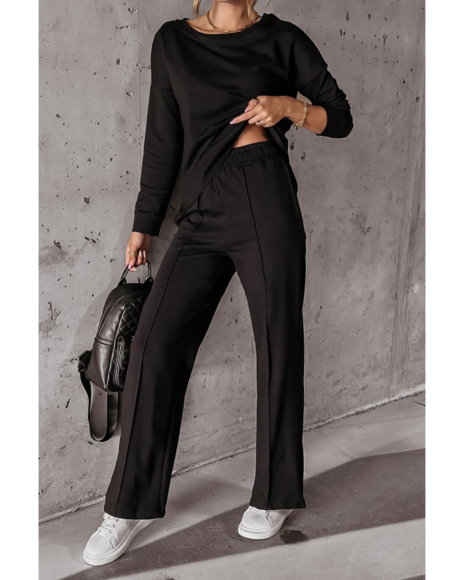 V539-AZEXDC625439-P2-S-202506142008-00 Black Solid Pullover and Seamed Casual Pants Set - S - Image 1