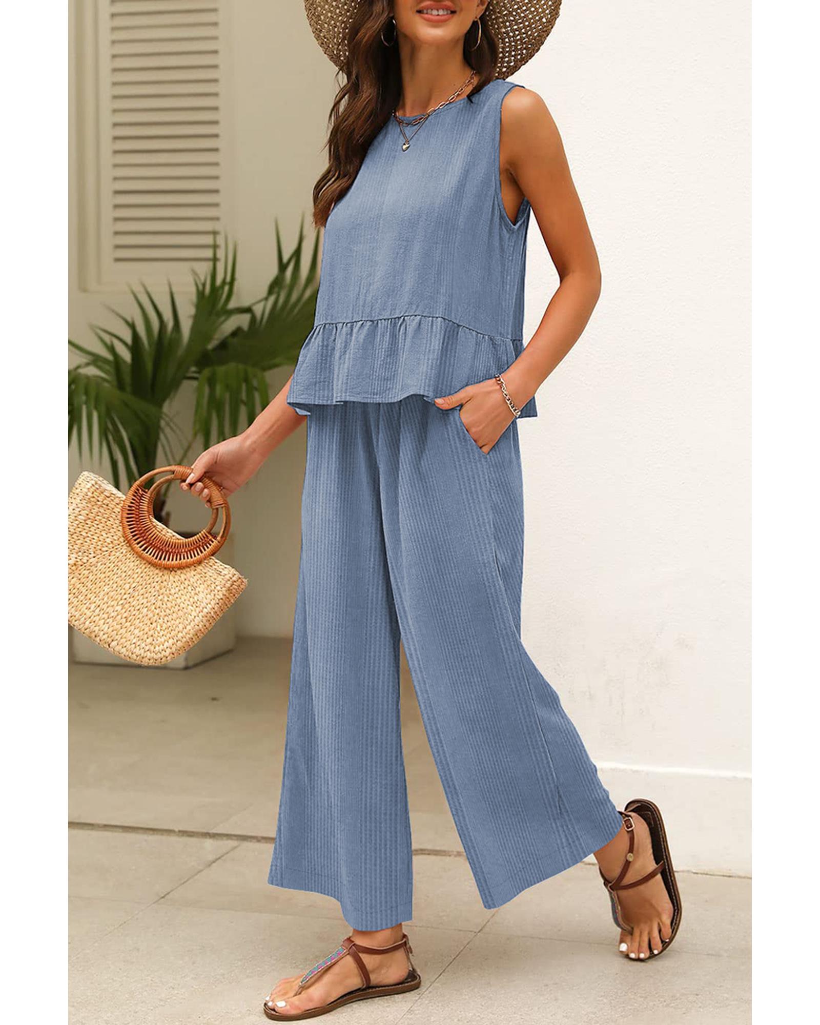 V539-AZEXDC625498-P804-S-202506142021-00 Beau Blue Solid Color Ribbed Ruffle Tank Top and Pants Set - S - Image 1