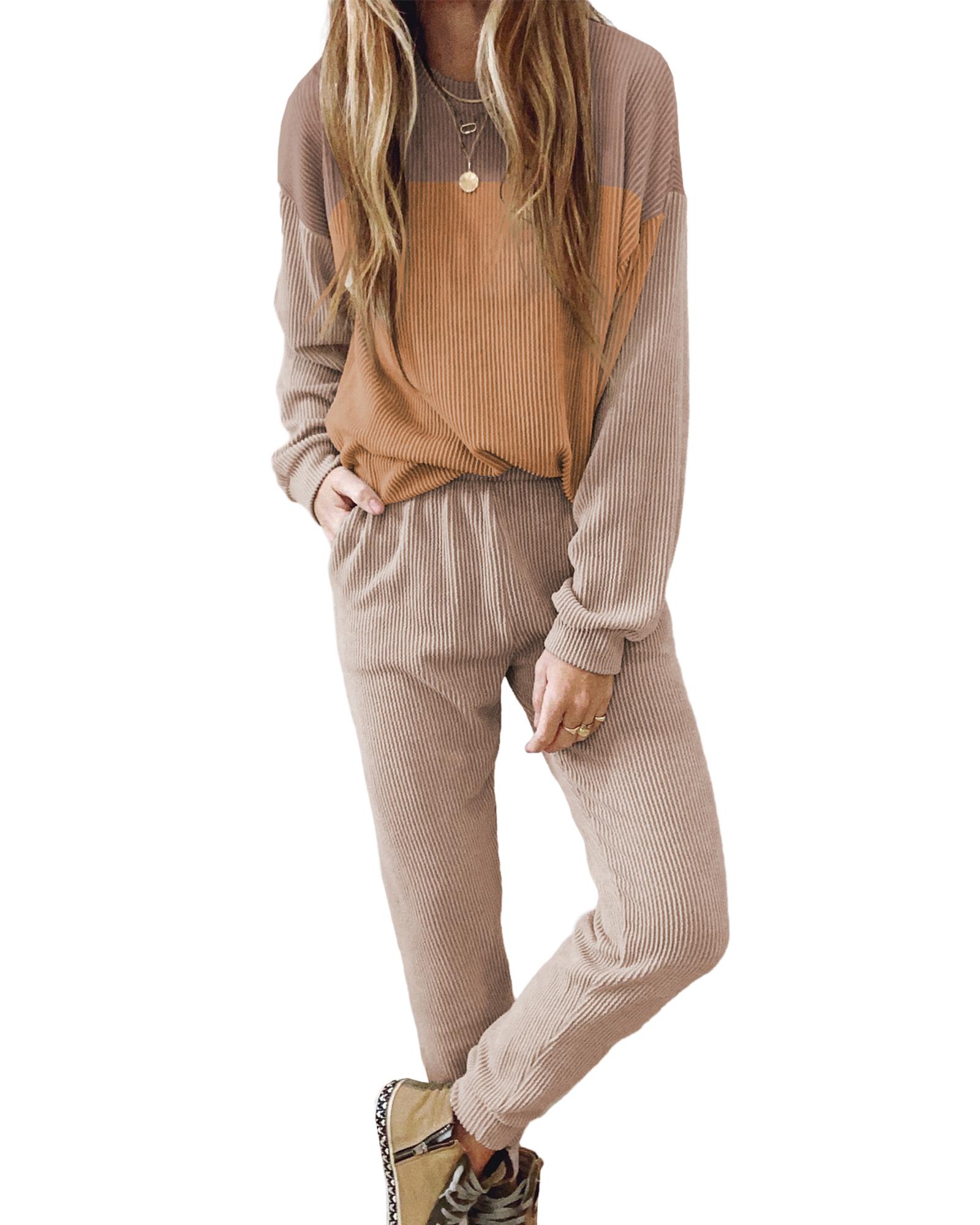 V539-AZEXDC625518-P1722-S-202508301705-00 Brown Corded 2pcs Colorblock Pullover and Pants Outfit - S - Image 1