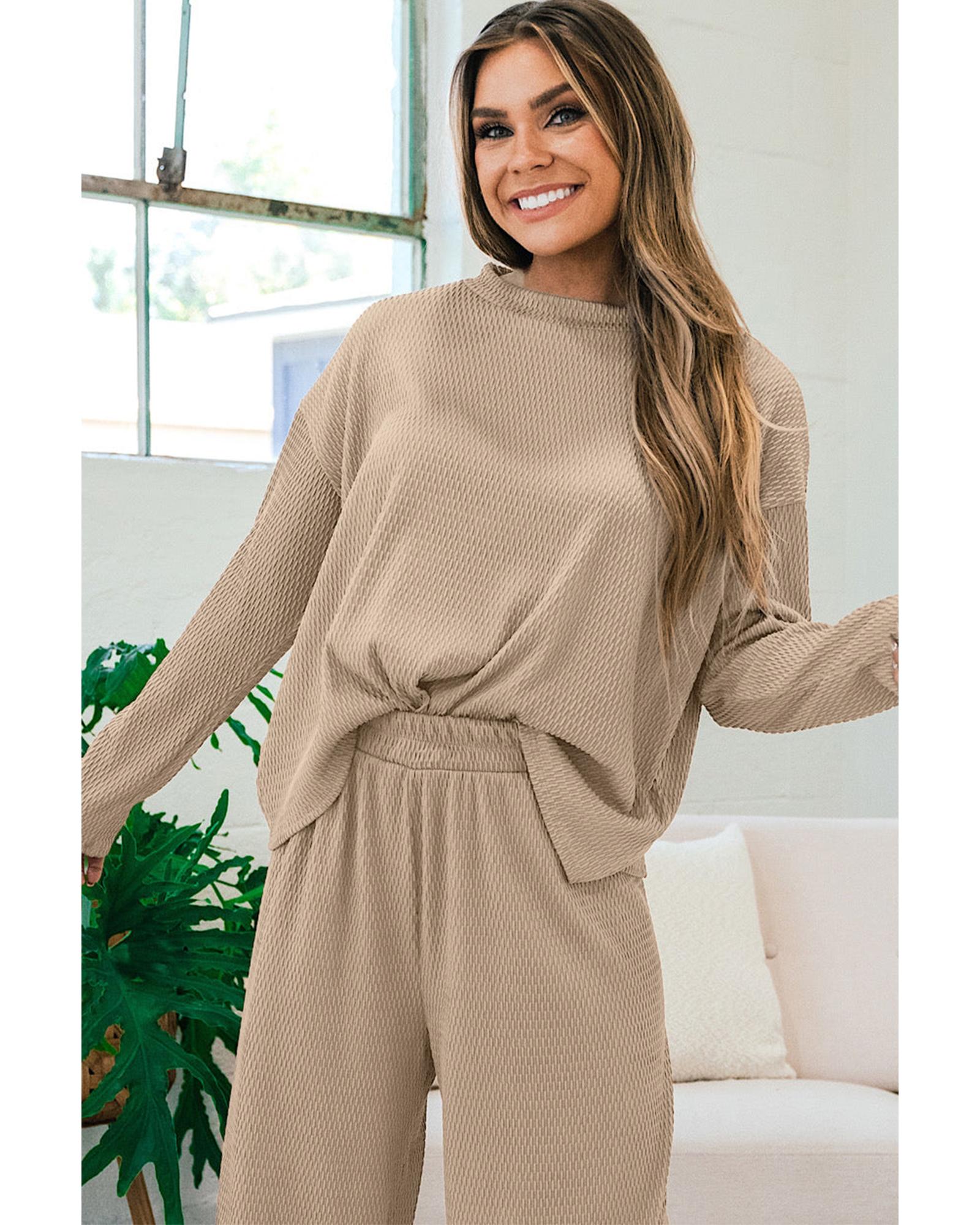 V539-AZEXDC625552-P7016-S-202508280820-00 Smoke Gray Loose Textured Pullover and Pants Outfit - S - Image 1