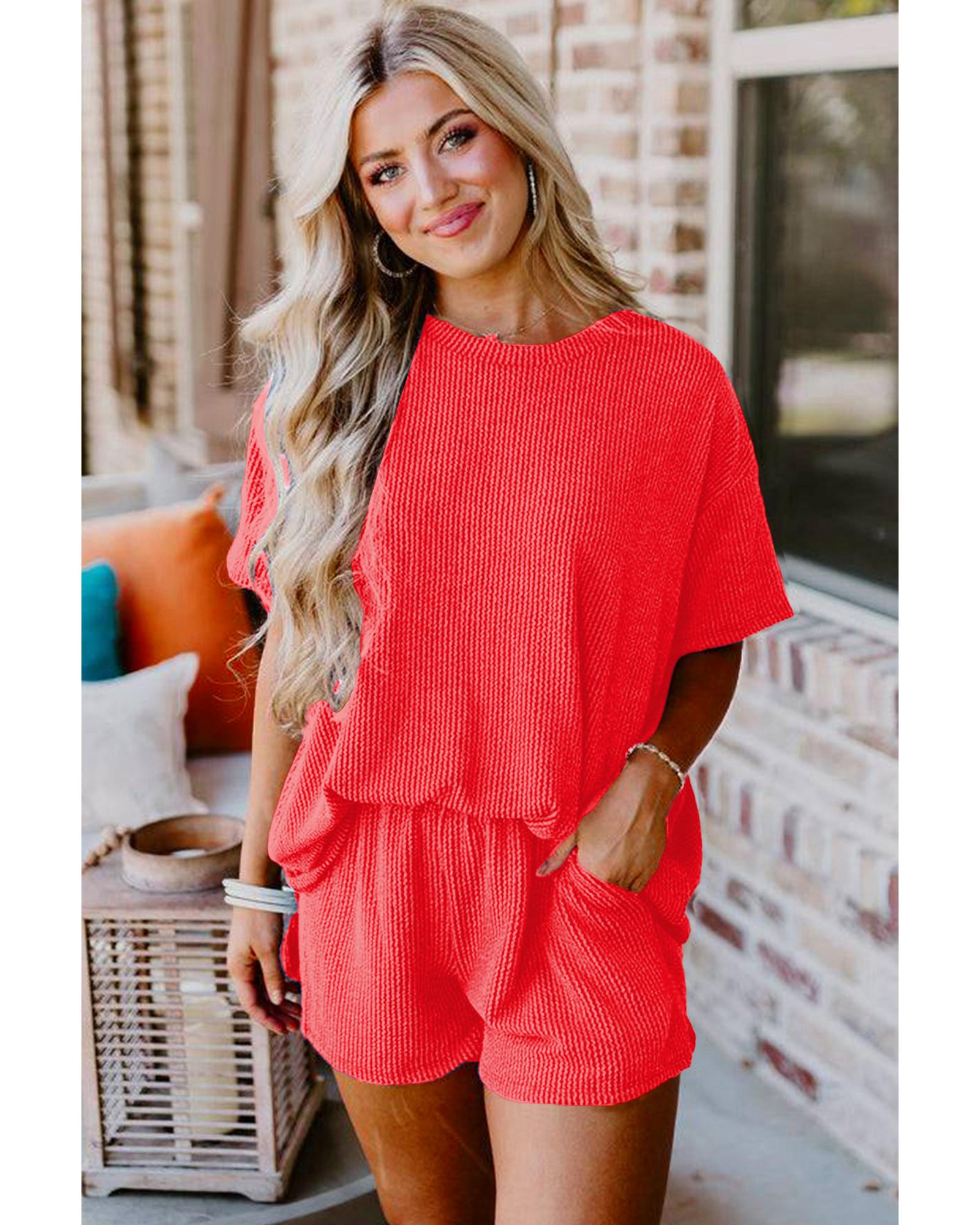V539-AZEXDC625586-P14-M-202508290250-00 Orange Ribbed Textured Knit Loose Fit Tee and Shorts Set - M - Image 1