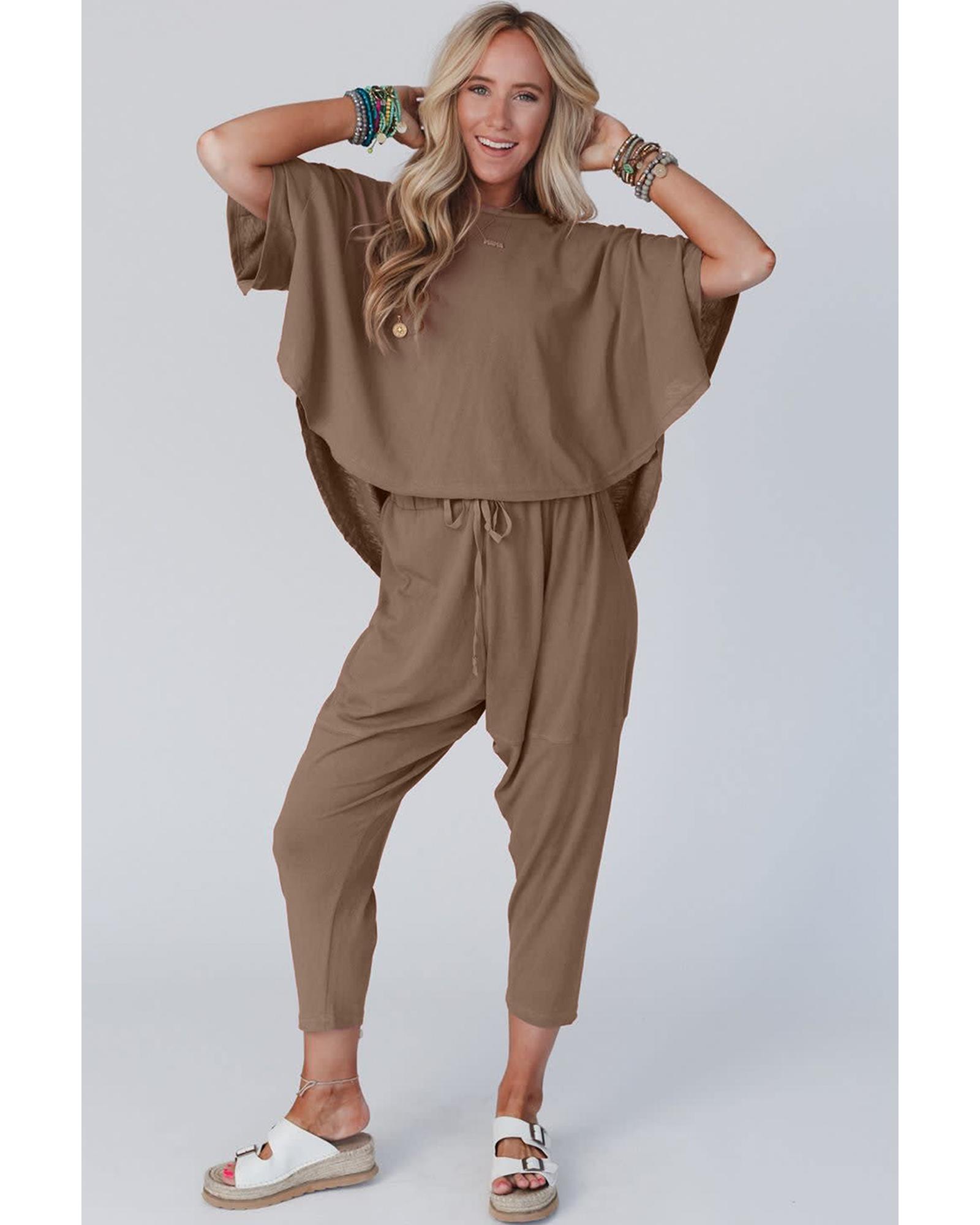 V539-AZEXDC625593-P6017-L-202508280145-00 Simply Taupe High Low Boxy Fit Tee and Crop Pants Set - L - Image 1