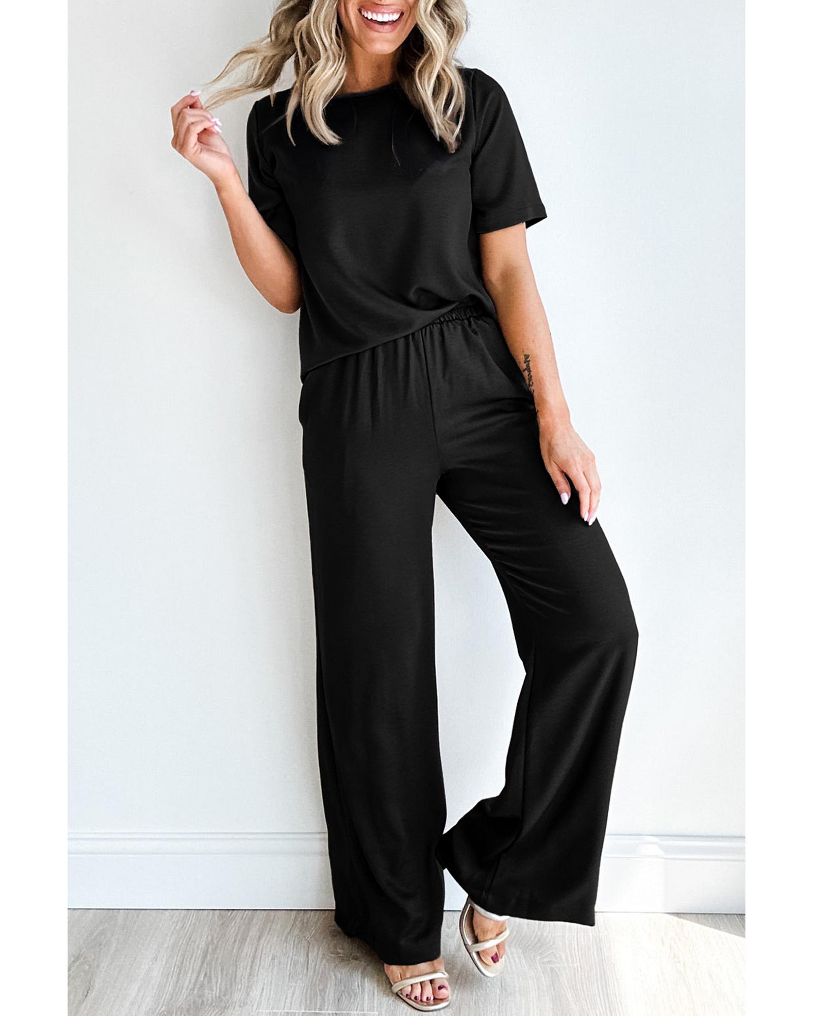 V539-AZEXDC625630-P2-S-202506142116-00 Black Solid Color T Shirt 2pcs Wide Leg Pants Set - S - Image 1